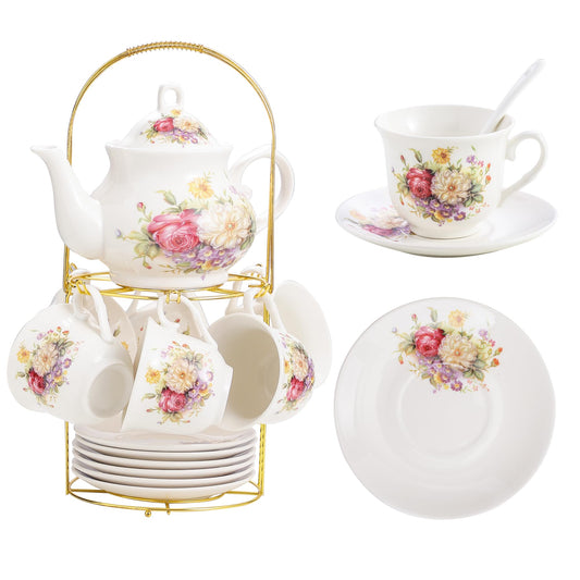 20-Pieces Porcelain Tea Sets For Women, Tea Set For Adult with Golden Metal Rack,Tea Gift Sets for Home&Party(012)