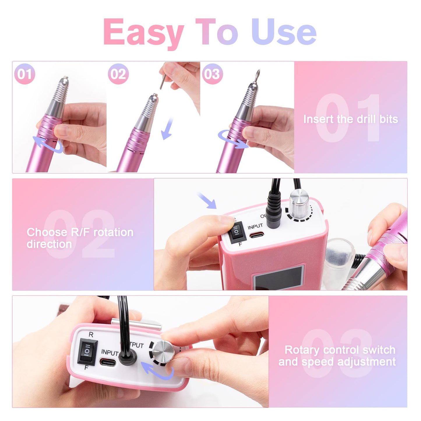 Beloving Portable Nail Drill Professional, 45000RPM Rechargeable Nail Drill Electric File Machine for Acrylic Gel Polish Remover, Cordless Nail Kit for Manicure Pedicure with 11 Bits for Salon Home
