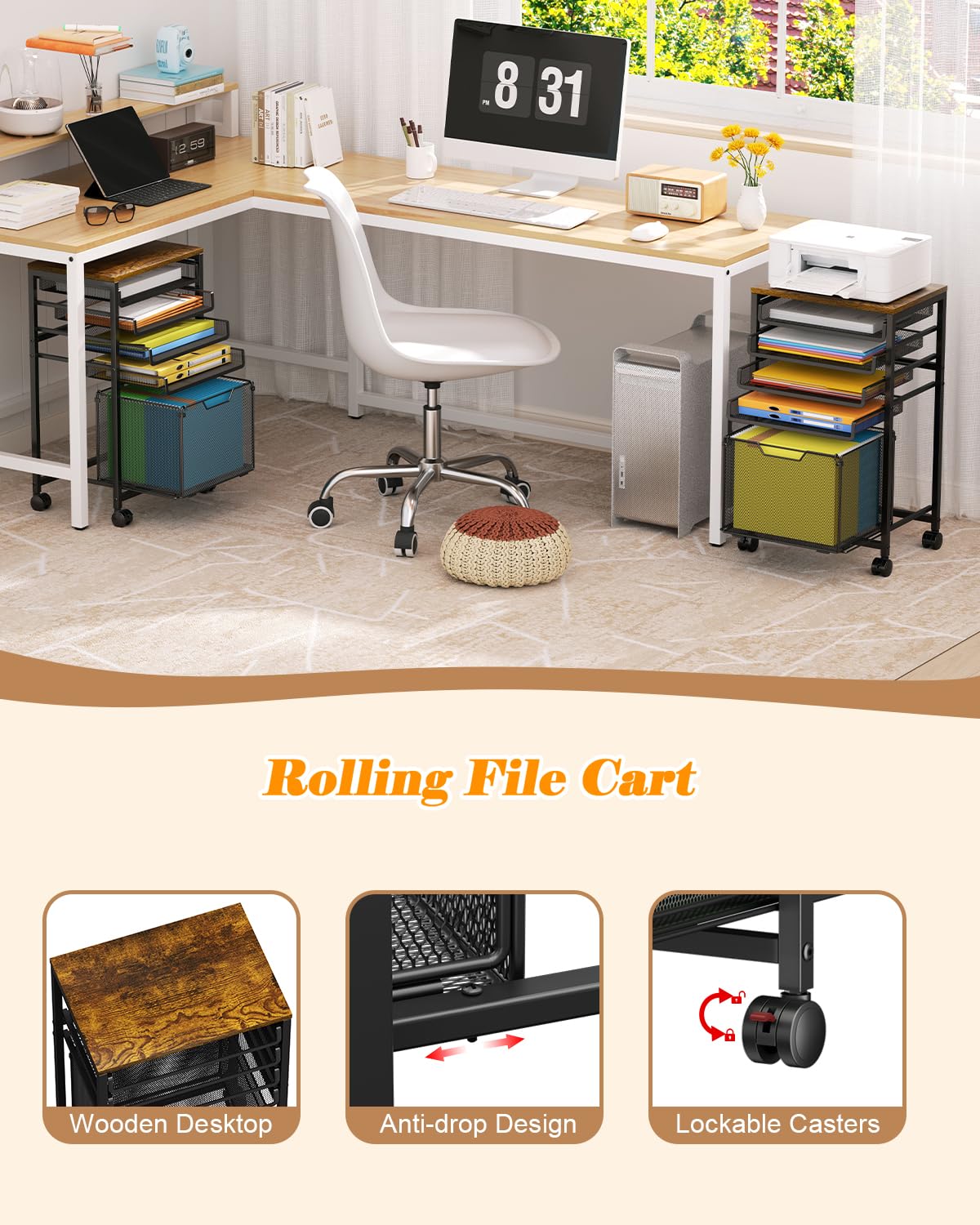 Rolling File Cart with Wheels, 5-Tier Under Desk Filing Cabinet for Letter-Size File Storage, Sliding Metal Mesh Trays & Printer Stand, Office Storage and Organization for Teachers, Home Office