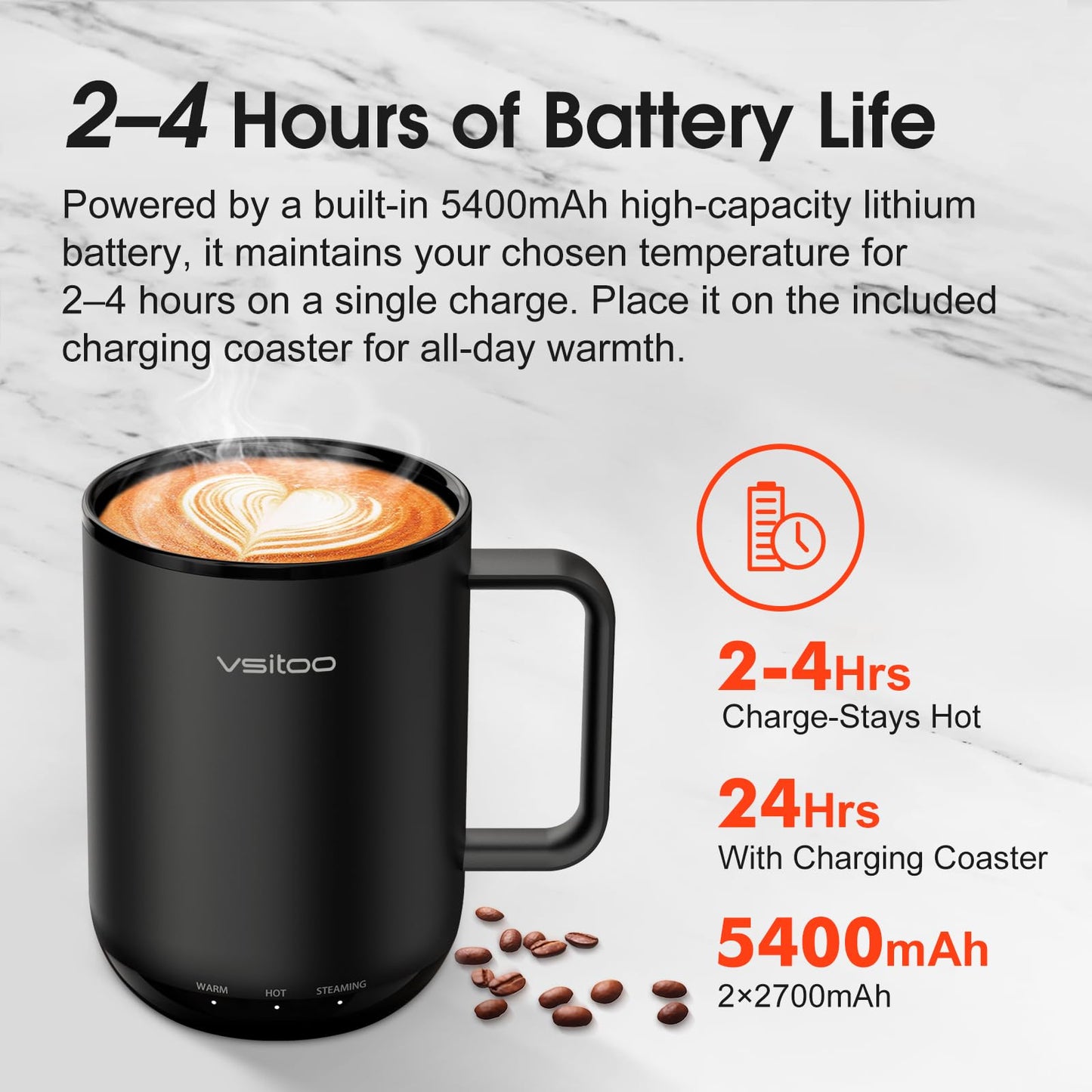Vsitoo S3 Plus 14 oz Heated Coffee Mug – Smart Mug with App & Button Control, Electric Coffee Mug with 2–4H Battery, Ideal for Hot Drinks at Home, Office, or Gift Use, Black