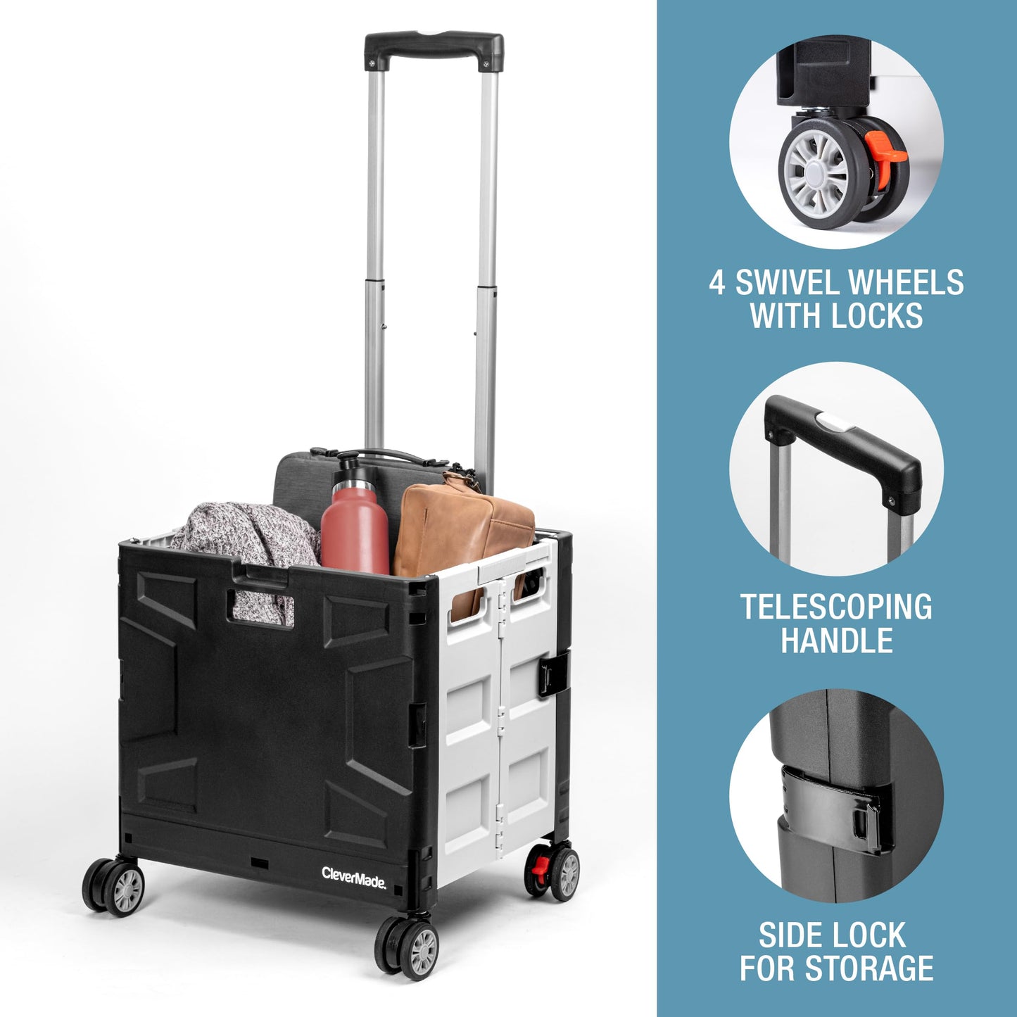 CleverMade Collapsible Crate on Wheels with Handle (35L, 4-Wheel) – Collapsible Rolling Cart with Lid, Foldable Utility Cart for Teachers, Groceries, Travel, Office Storage – Holds 75 lbs, Cool Gray