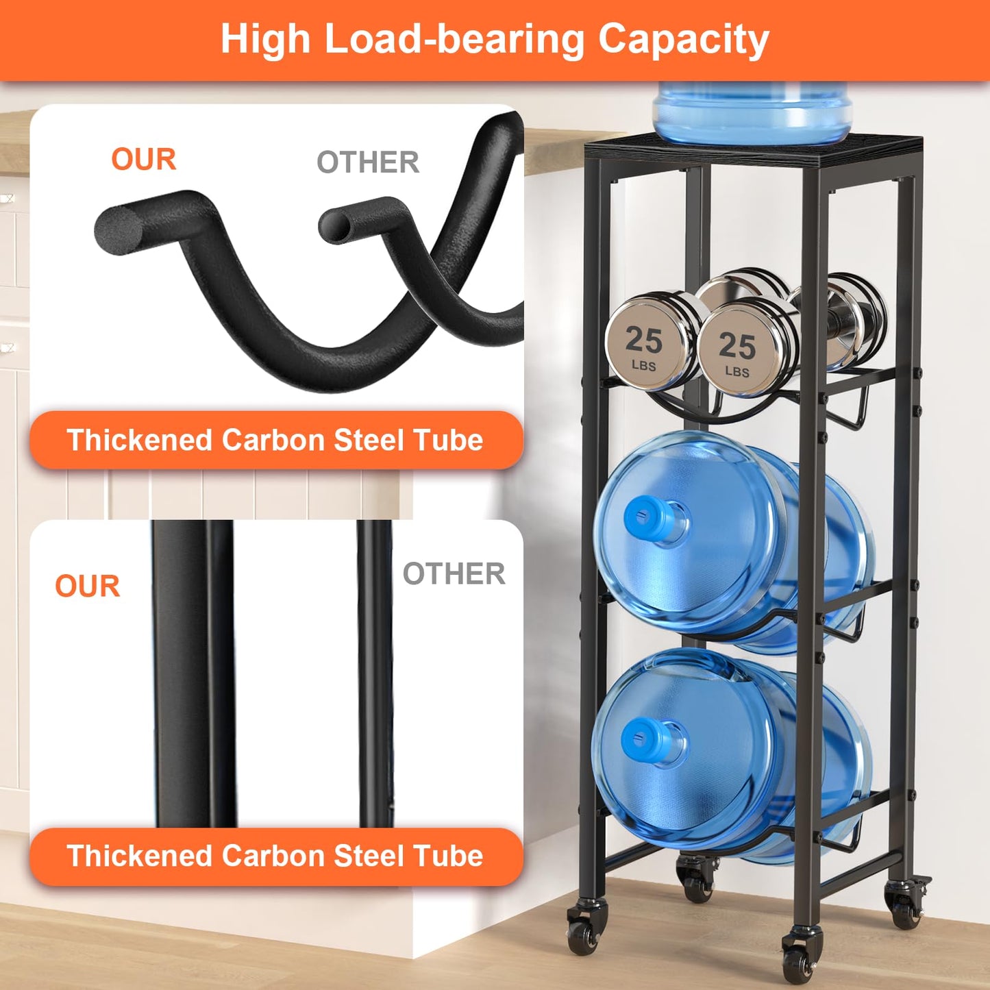 5 Gallon Water Bottle Jug Holder 3-Tier Organizer with Lockable Casters Heavy Duty Storage Rack Dispenser Stand With Wood Top Shelf for Kitchen Office Garage Black