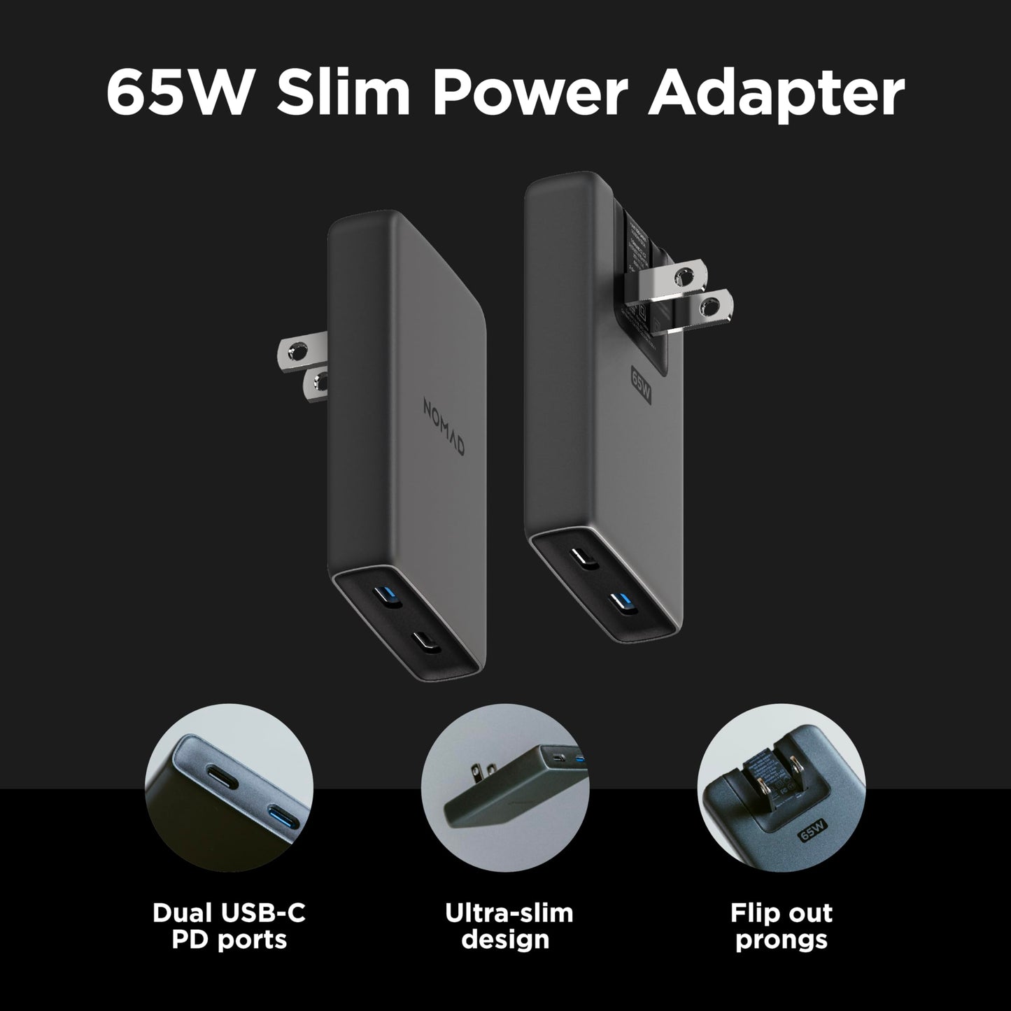 Nomad 65w Slim Power Adapter Carbide, Flat Wall Charger with Dual USB C Cable Ports, Flat Charger Block with Fast Charge Ports, Slim Charger Block Flat USB C Wall Plug, Slim USB C Wall Charger