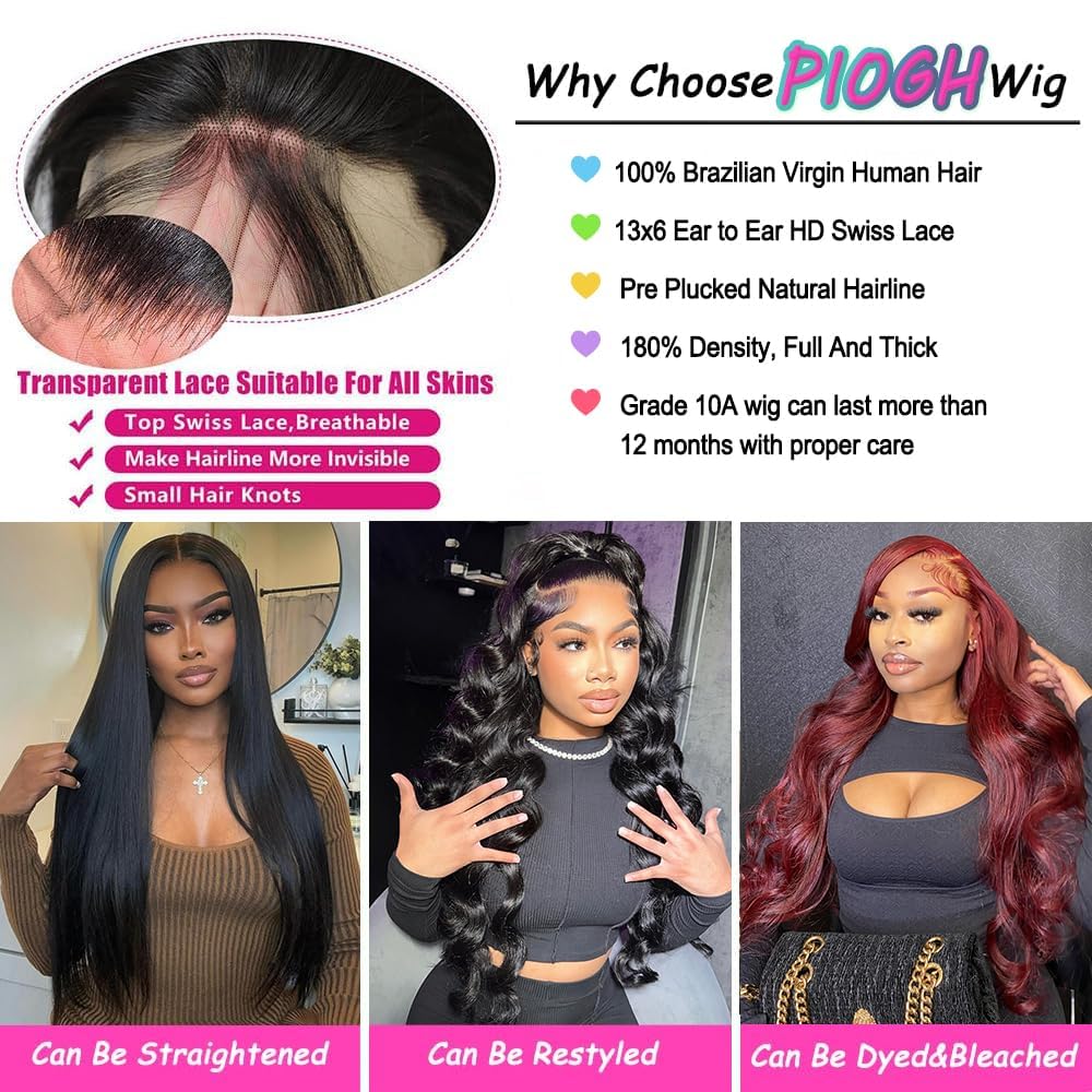 POSHANCE 26inch 13x6 Lace Front Wigs Human Hair 180% Density Body Wave HD Lace Front Wigs Human Hair Pre Plucked Natural Color Virgin Human Hair Lace Front Wigs for Women