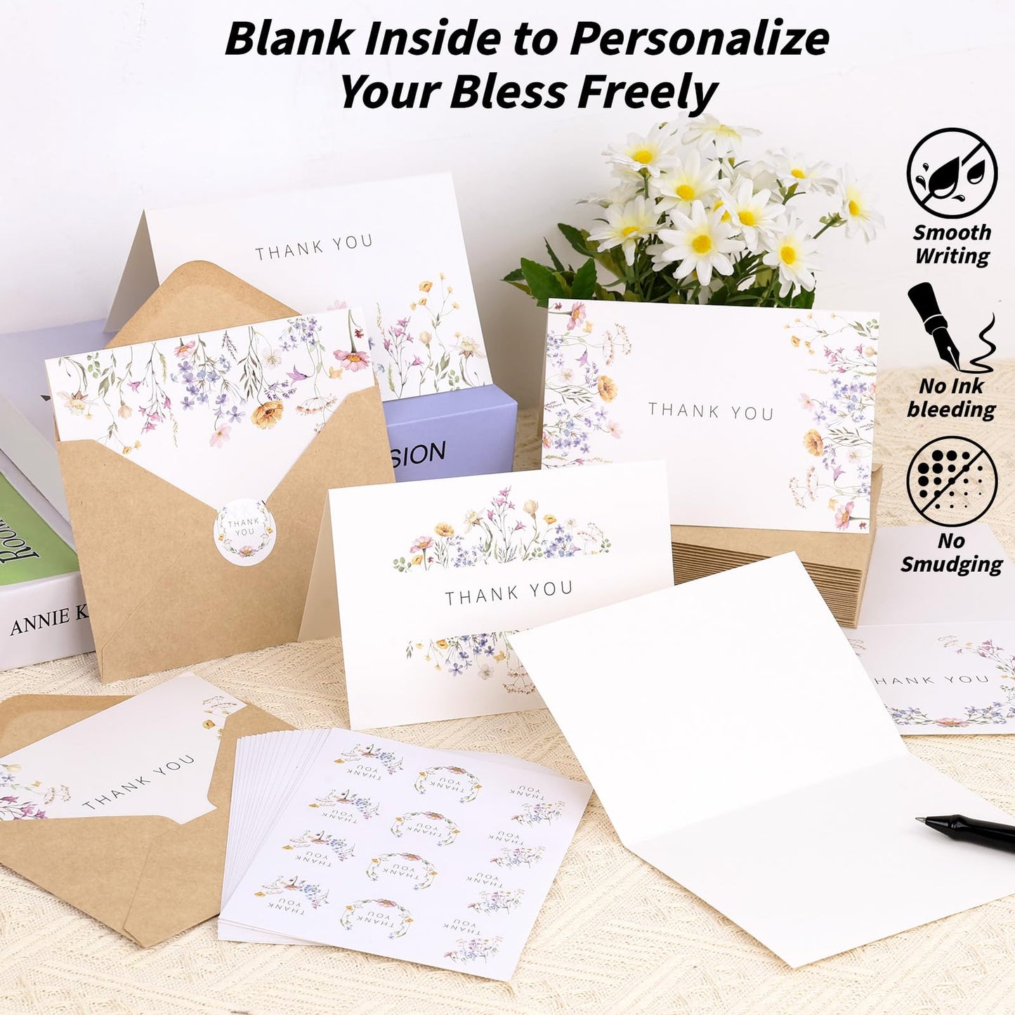 UZLU 600 PCS Floral Thank You Cards with Envelopes and Stickers, 4x6 Inch, 6 Wildflower Designs Thank You Notes, Greeting Cards with Envelopes for Wedding, Bridal Showers, Baby Showers