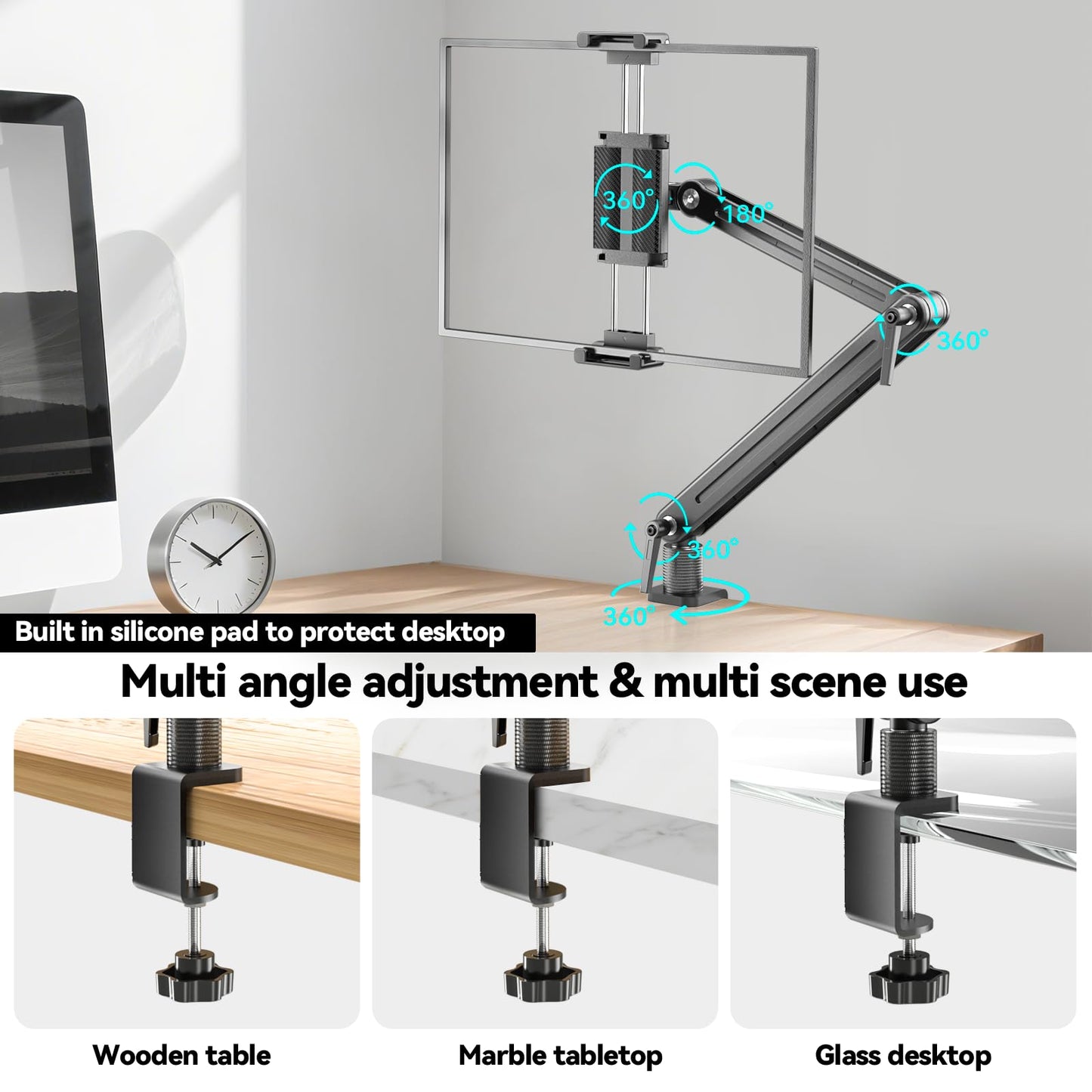 Portable Monitor Stand Desk Holder- Large Clamp support up to 6.5 12.9 14.6 15.6 18.5 inch 360° Rotating Base Swivel Tall Desk Arm Mount for iPad Pro/Mini/Air/Surface Strong Bearing Weight over 5.5lbs
