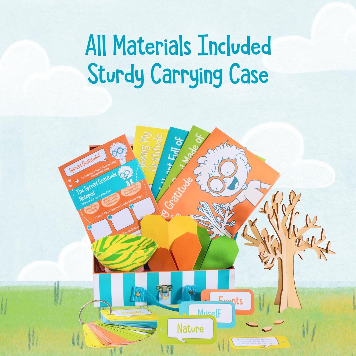 Open The Joy My Gratitude Box, Activity Box Includes A Wooden Building Project, Clay Bowl Project, Origami Projects, Notepad for Journaling, and Gratitude Cards - Ages 4+