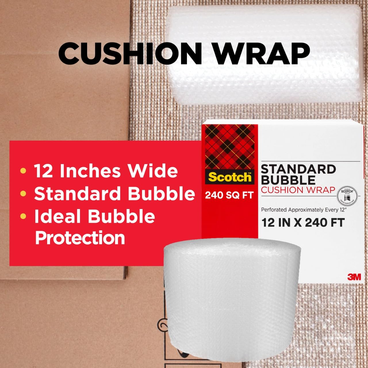 Scotch Cushion Wrap, 12 in x 125 ft., 1 Roll in a Dispensered Box (7962)