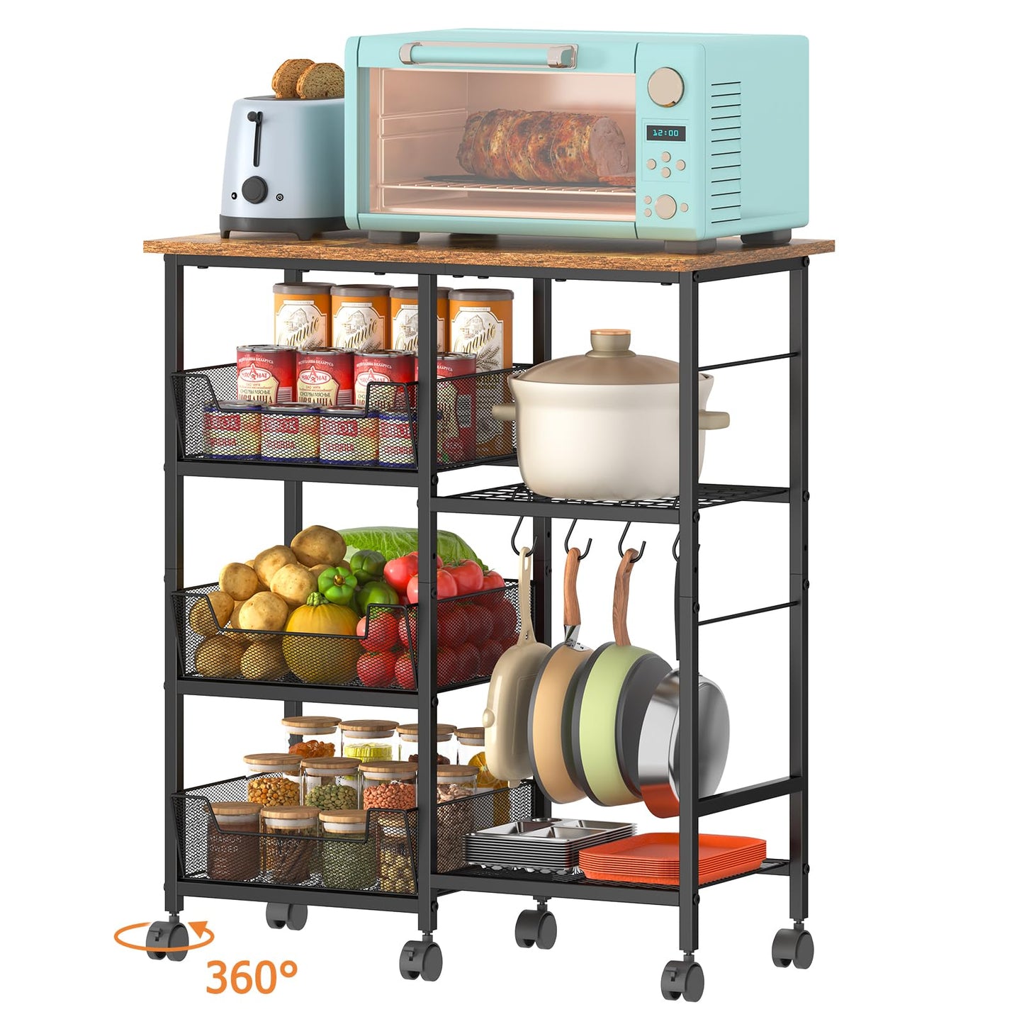 Rolling Kitchen Storage Microwave Cart, Kitchen Island with Adjustable Shelf on Lockable Wheels, Countertop 27.75"L × 15.35"W, Bakers Rack with Tilt-Out Baskets, for Kitchen, Coffee Bar, Living room