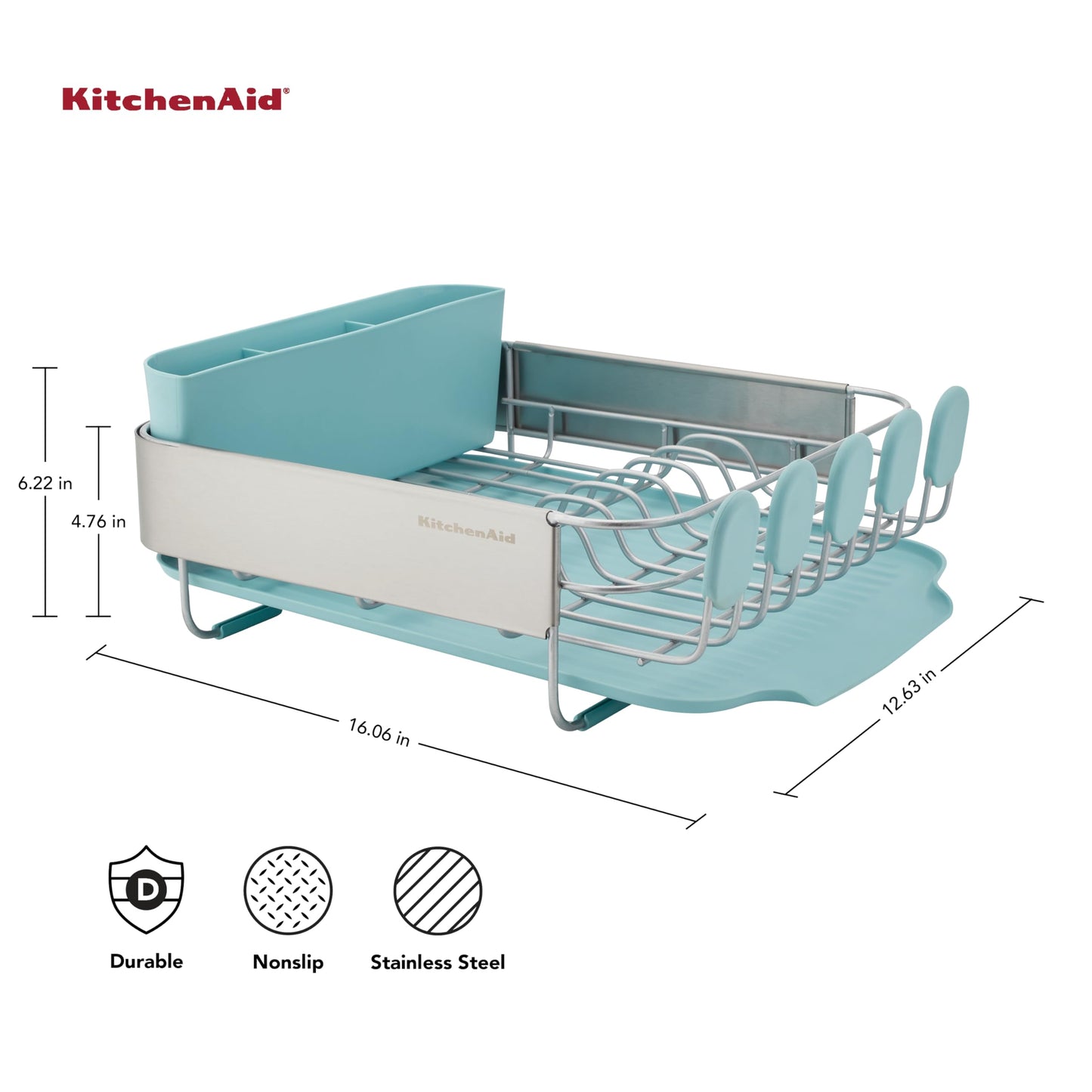 KitchenAid Compact Space Saving Rust Resistant Dish Rack with Removable Flatware Caddy and Angled Self Draining Drainboard, 12.63 x 15.87 x 5.54 Inch, Mineral Water