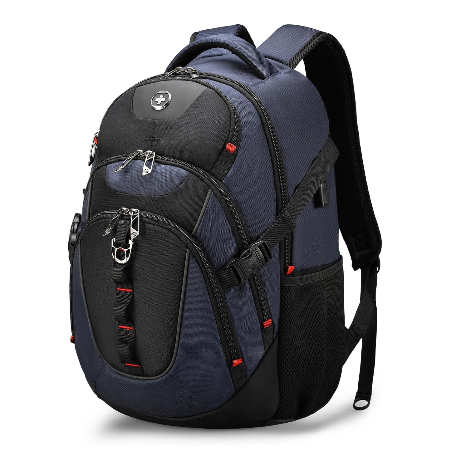 Swissdigital Design Large Business Laptop Backpack with Smart USB Charging Port, Travel Backpack Fits 15.6 inches laptops, Water Repellent College Backpack for Men Women (VECTOR SD803-12 Blue/Black)