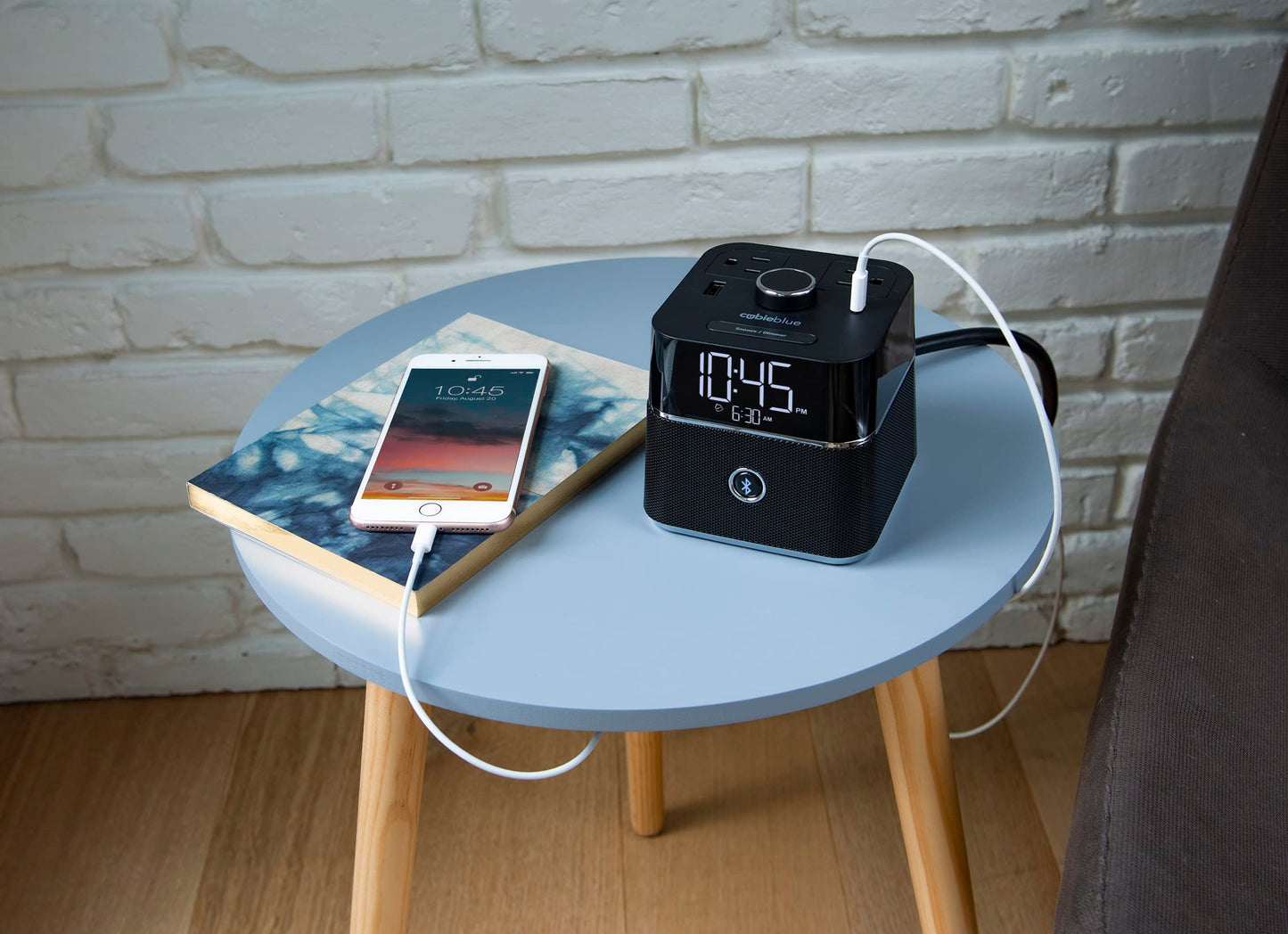 Brandstand | CubieBlue | User Friendly & Convenient Alarm Clock Charger | 2 USB Ports | 2 Tamper Resistant Sockets | Brandstand Bluetooth Speaker