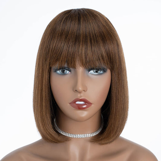 DÉBUT Short Bob Wigs with Bangs Human Hair Ombre Brown Glueless Non Lace Front Wigs Brazilian Virgin Remy Hair 10 Inches