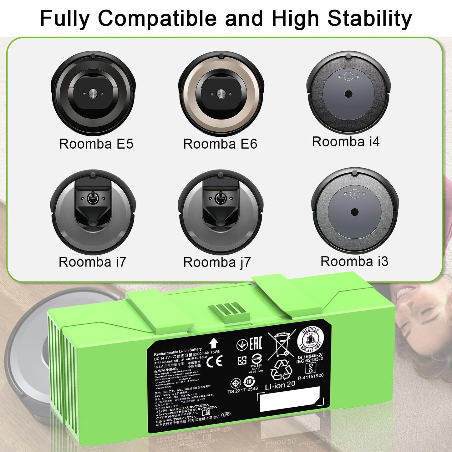Dentsing ABL-F 75Wh Battery for iRobot Roomba i7 i7+ j7 j7+ 7158 7150 7550 7558 i3 i3+ 3150 i4 i4+ 4150 i8 and e5 e6 e5150 e6198 Replacement Battery for Roomba i & e & j Series 5200mAh