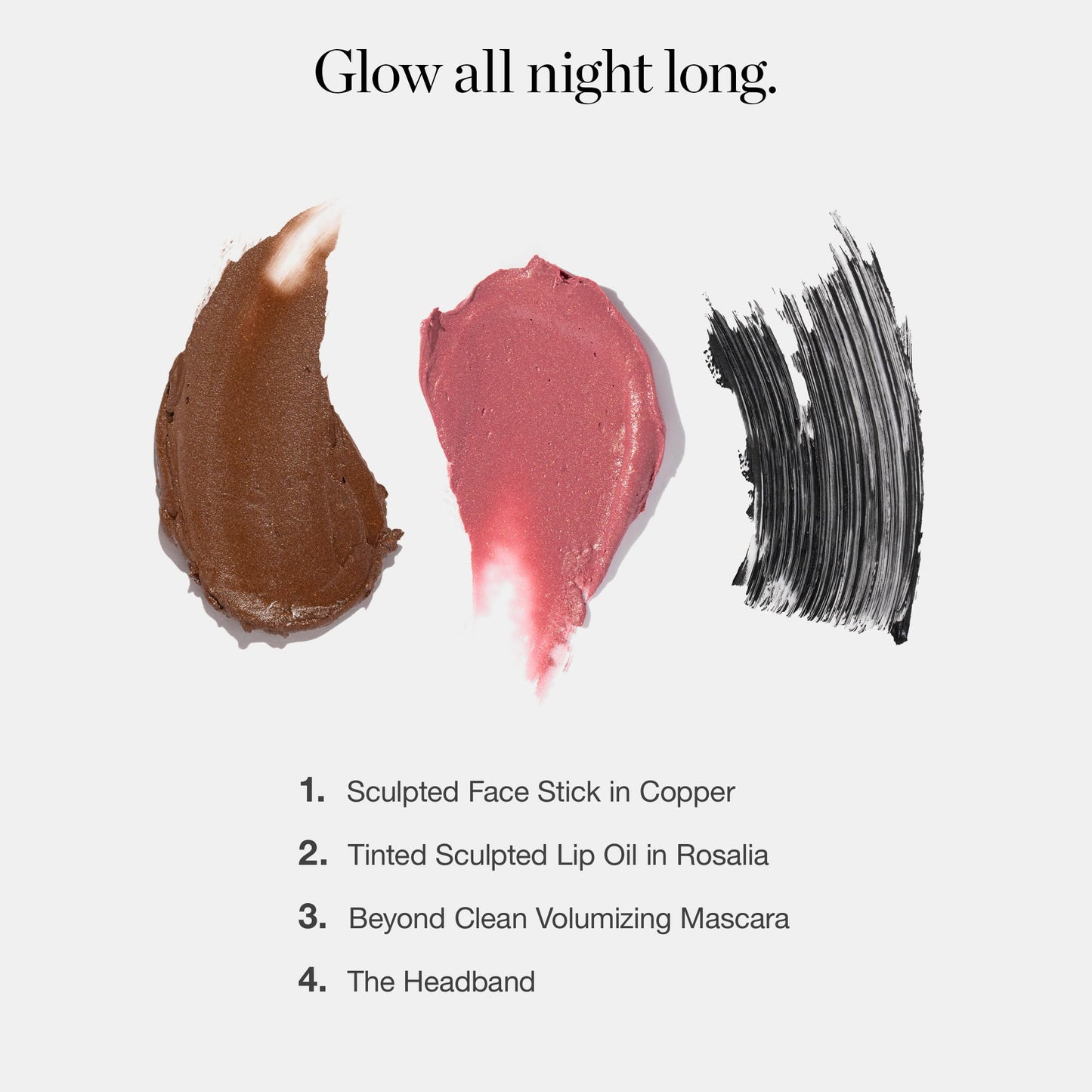 Ogee Cheers to Glow Limited-Edition Set - Sculpted Face Stick in Copper, Tinted Sculpted Lip Oil in Rosalia, and Beyond Clean Volumizing Mascara