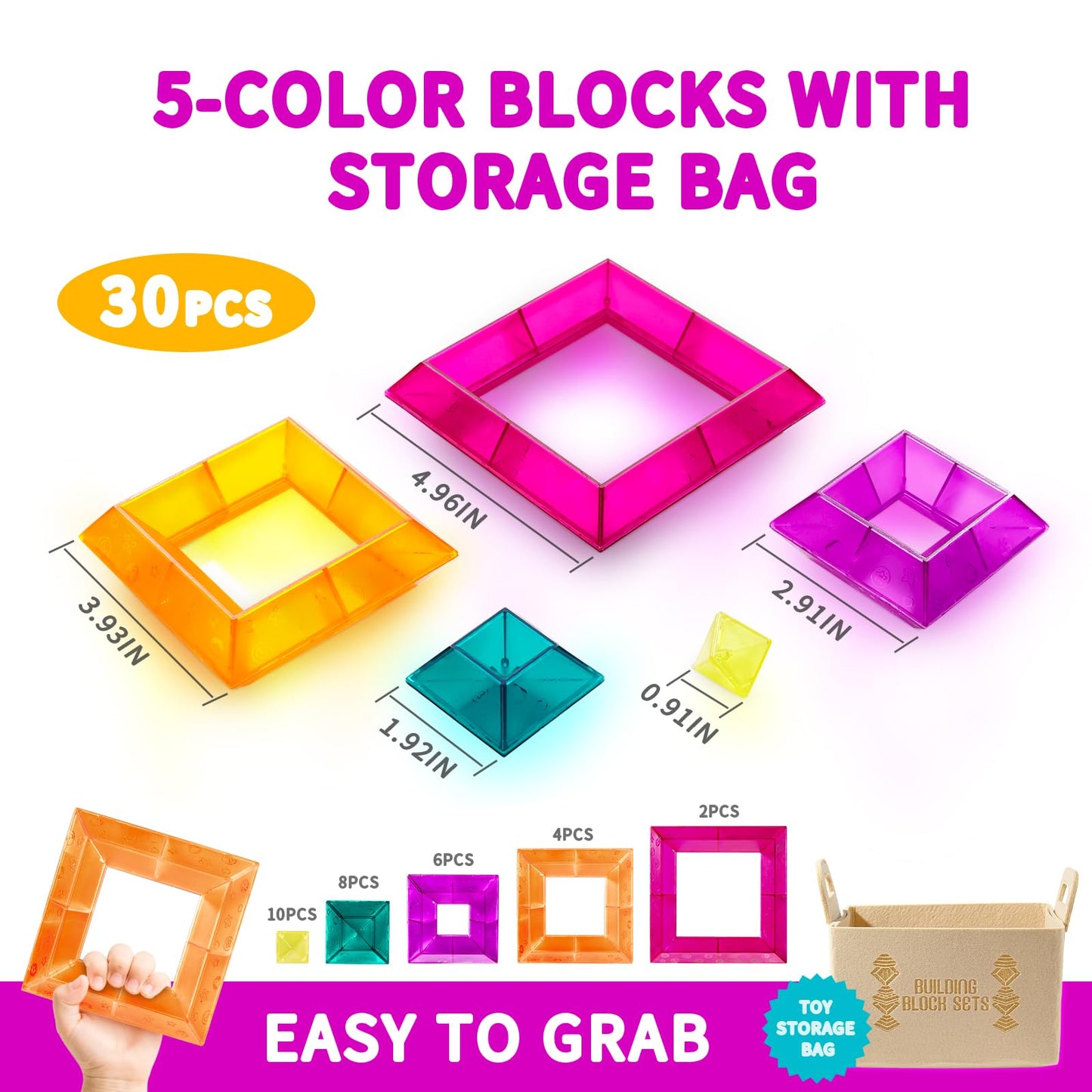 Translucent Building Blocks Set with Toy Storage Bag, 30 Pieces Light Through Stacking Toys for Ages 3+ and Up STEM Kindergarten Education Light Table Gift for Toddlers & Kids