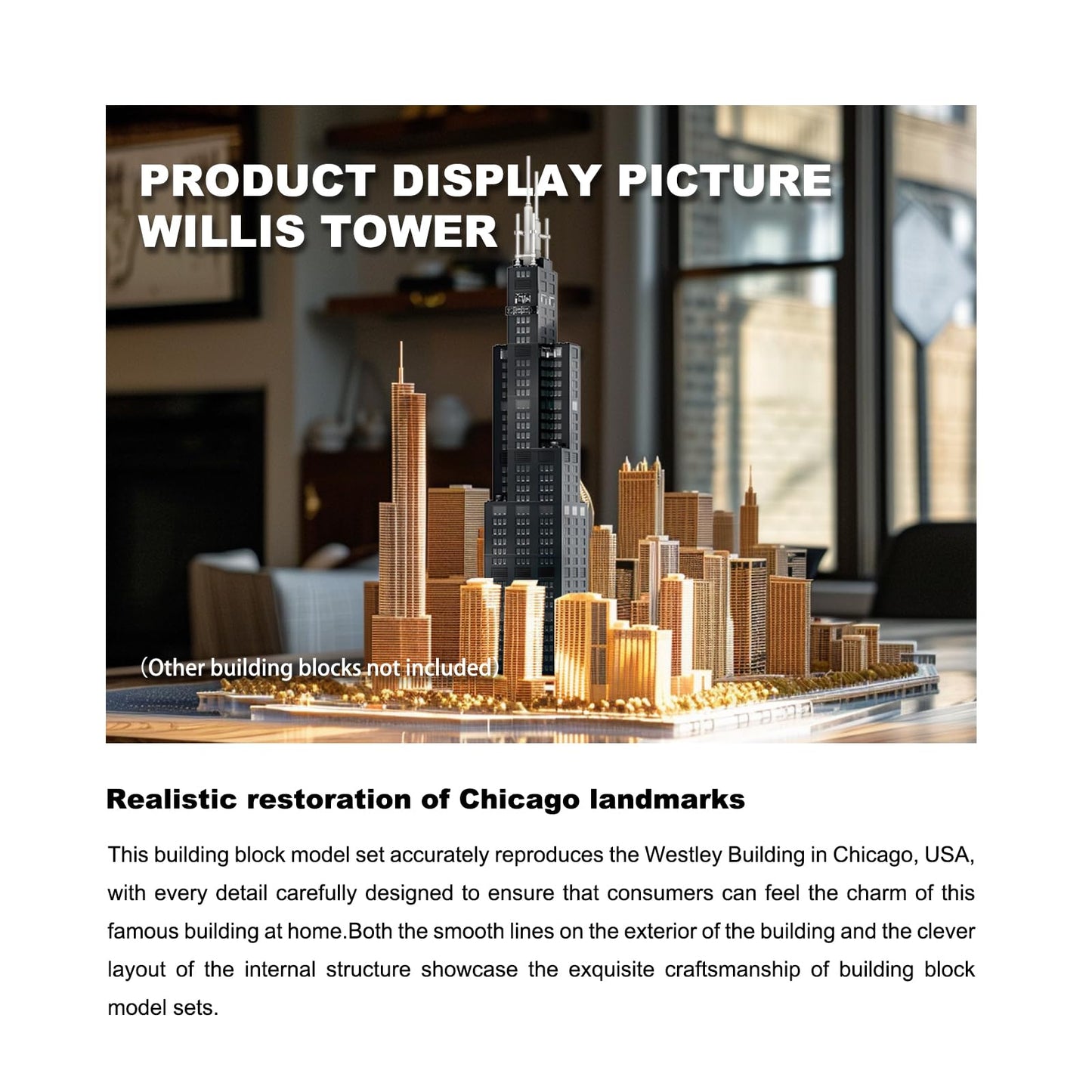 LQPFBSM Willis Tower Chicago Architecture Model Building Block Sets,World Famous Landmark Series Toys Gitf for Kids Adults 1241 Pieces