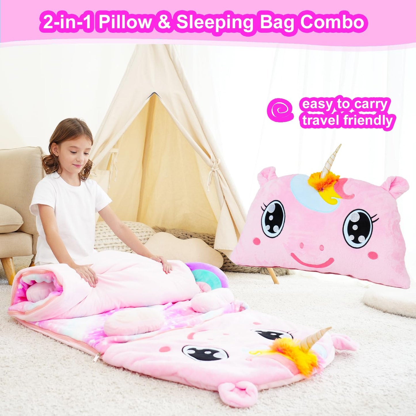 Kid Sleeping Bag with Pillow - Larger Toddler Nap Mat - Plush Unicorn Slumber Bag for Boys Girls Daycare Preschool Kindergarten Birthday Gift Travel Sleepover Ages 3-12 Years