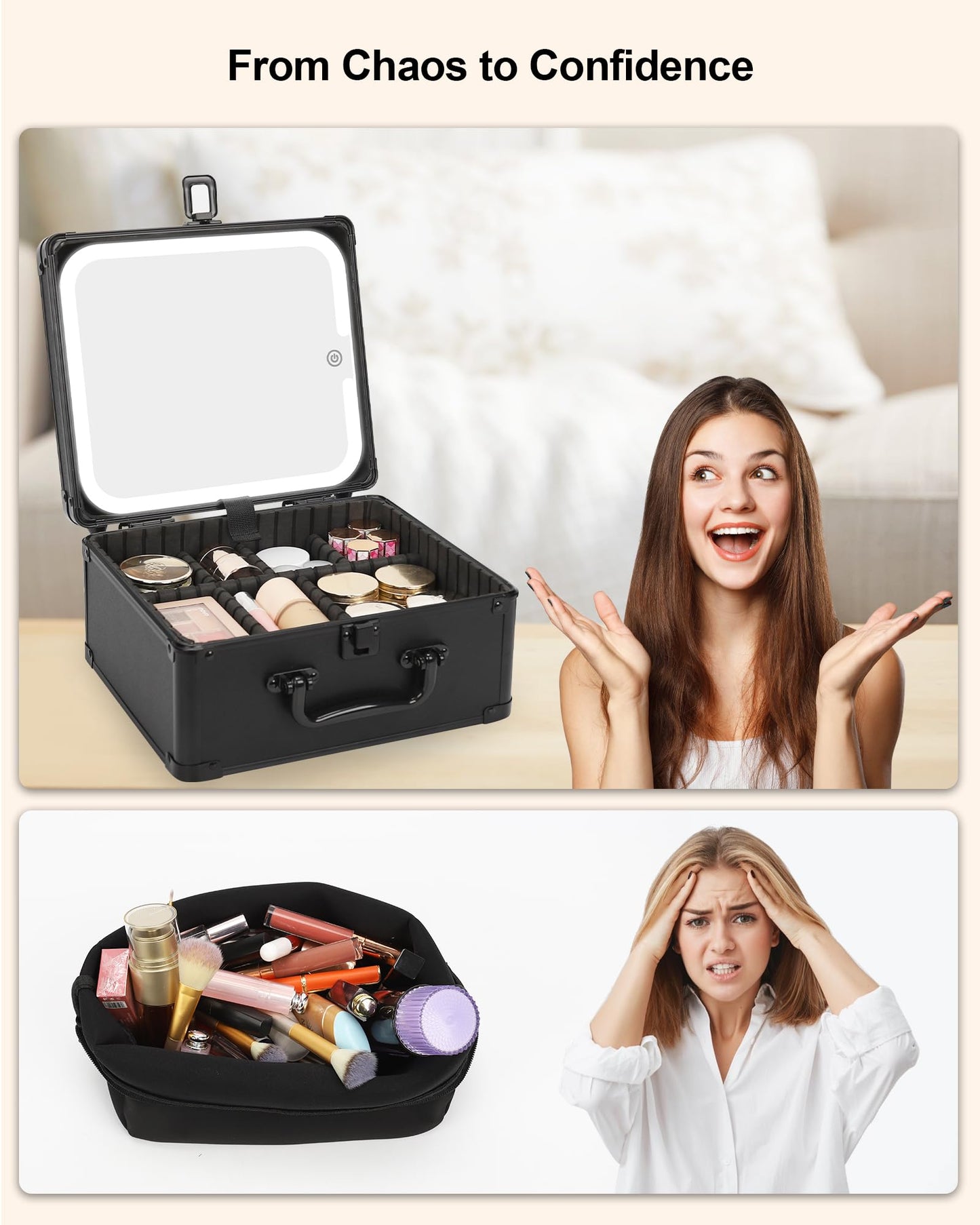 Makeup Box with LED Mirror, Waterproof Travel Train Case, Cosmetic Organizer Bag Portable Aluminum Cosmetic Bag with Adjustable Dividers and Detachable Mirror, Makeup Brush Holder Storage Black