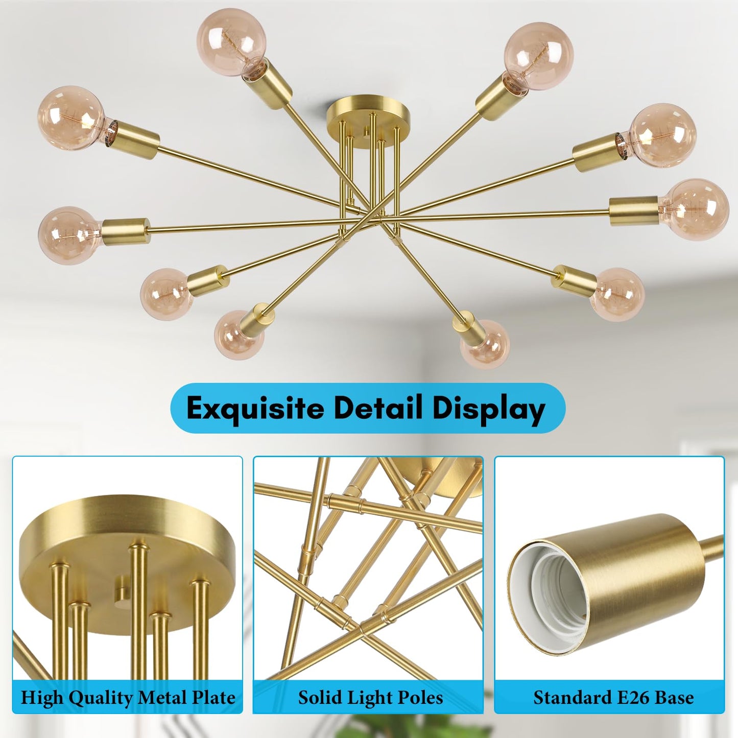 Semi Flush Mount Ceiling Light Fixture, 10-Light Modern Gold Sputnik Chandelier Industrial Ceiling Lamp for Kitchen Dining Room Living Room Bedroom Foyer