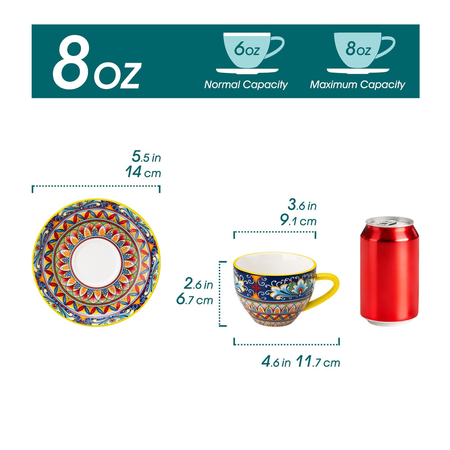 vancasso 8 oz Cappuccino Cups with Saucers Set of 6, Bohemian Ceramic Coffee Cup for Latte, Tea, Espresso, Microwave & Dishwasher Safe - Porcelain Tea Cups and Saucers for Kitchen or Cafe