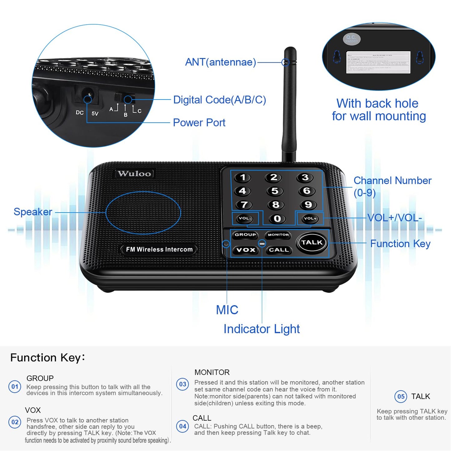 Wuloo Intercoms Wireless for Home 1 Mile (5280 Feet) Range 10 - Channel, Wireless Home Intercom System for House Business Office, Room to Room Intercom, Home Communication System (2 Packs, Black)