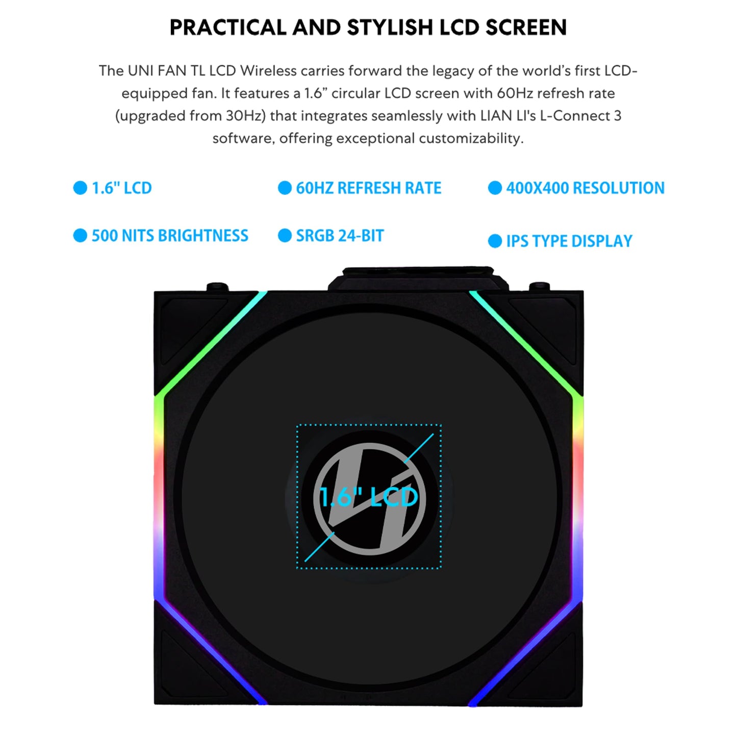 Lian Li UNI Fan TL - LCD Wireless 120 - Single Pack - 2.4 GHz Wireless Signal RGB & PC Case Fan - Infinity Mirror Design - LCD Display - Controller NOT Included & Required - Black (12TLLCD1W1B)