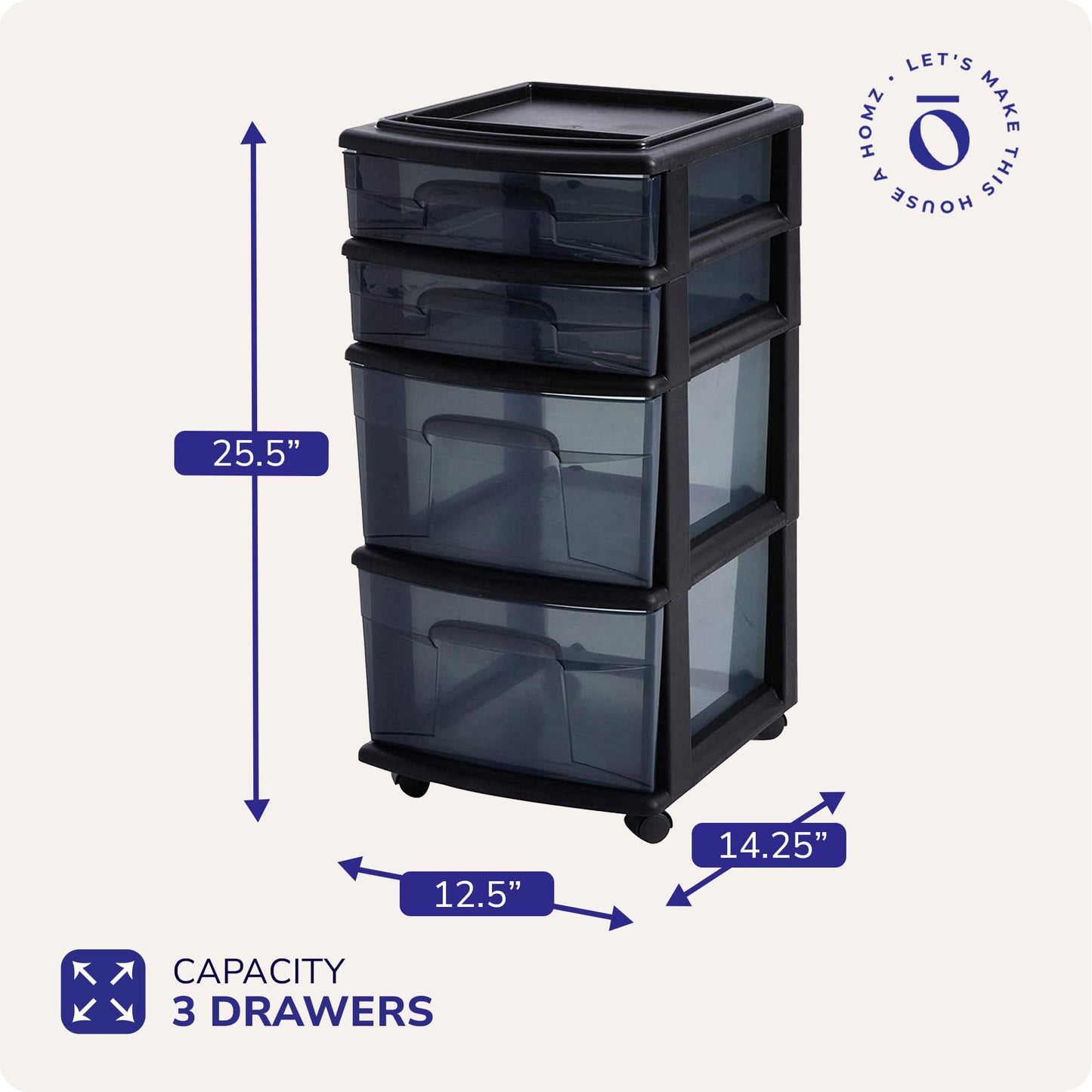 HOMZ Drawer Tower, 4-Tier Clear Plastic Storage Organizer Cart, Black Frame - Rolling Drawer Containers with Wheels for Bathroom, Bedroom, Office, and Classroom Organization