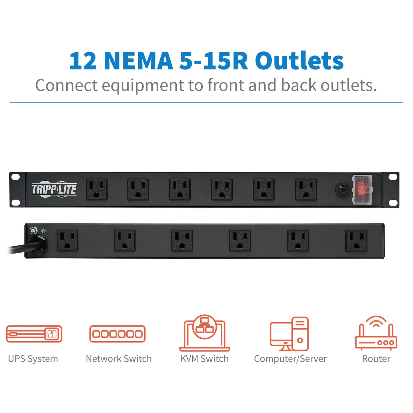 Tripp Lite 12-Outlet Rackmount PDU Power Strip, Six Front & Six Rear Facing Outlets, 15A, 120V, 15ft Cord with Right-Angle Plug, Horizontal 1U Rack Mount, Lifetime Manufacturer's Warranty (RS1215-RA)