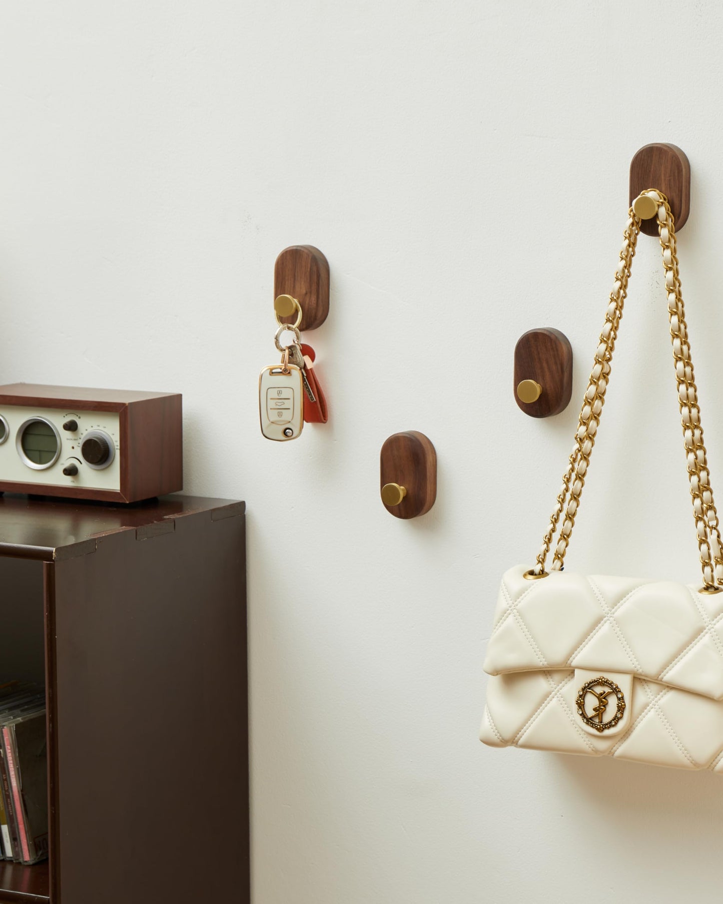 Wood Coat Hooks Wall Mount - Modern Walnut Coat Hook with Bronze Accent for Hanging Clothes,Keys,Purse,Robes,Towel,Backpacks, Single Brass Wall Hooks Heavy Duty for Entryway, Closet, Bathroom (4 Pack)