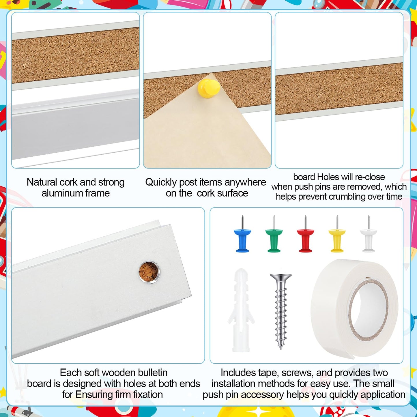 Threehoney 5 Pcs 48" x 1" Cork Strips Bulletin Bar Strips for Wall Bulletin Board Aluminum Trim Brown Cork Boards with Accessories for Paste Notes Photos Classroom Office Home Holiday Decor