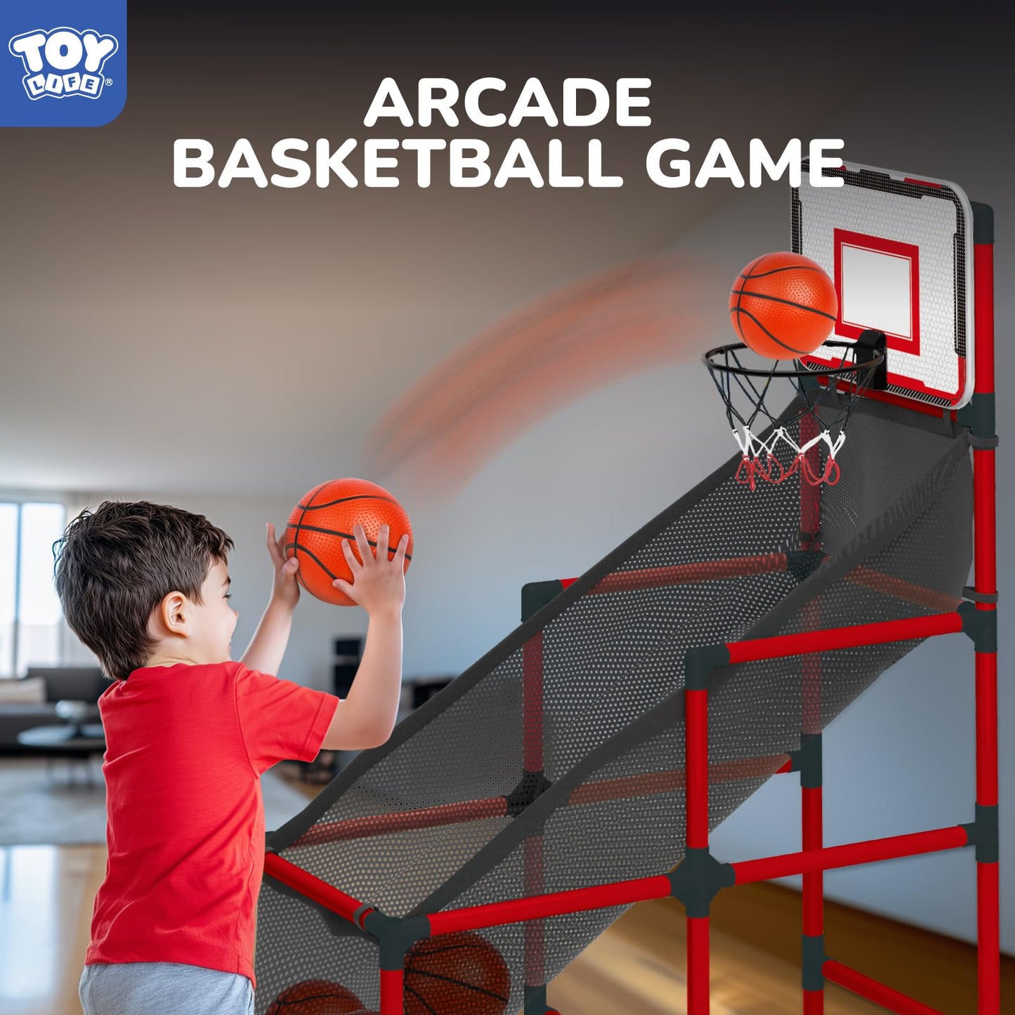 TOY Life Arcade Adjustable Height Basketball Game, Easy to Install with 4 Balls and Hoop Set for Children Aged 3 to 12 Years, Sports Game for Indoor and Outdoor Use, Air Pump