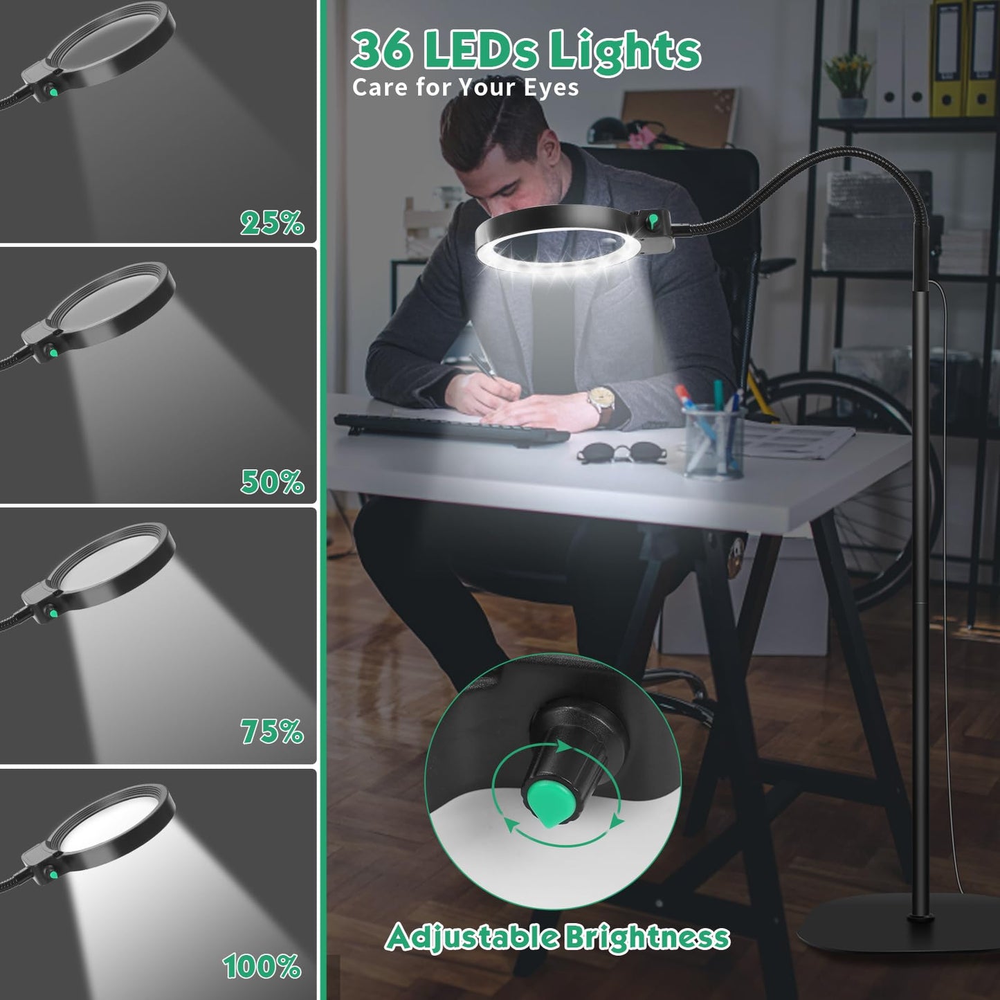 10X 30X Floor Magnifying Glass with Light and Stand,36 LED Flexible Gooseneck Magnifying Lamp, Adjustable Brightness Large Lighted Magnifiers for Reading,Sewing,Crafts,Painting,DIY,Close Work