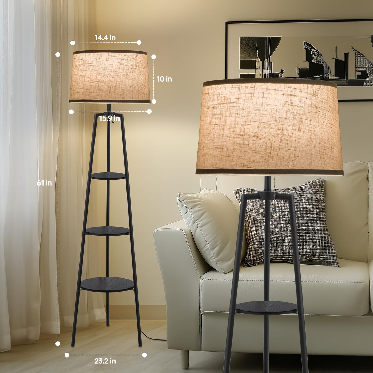EOEYYOYB 3 Tier Shelf Floor Lamps for Living Room, Modern Standing Lamp with 3 Color Temperature Led Bulb, Tall Lamps for Bedroom and Office, Black