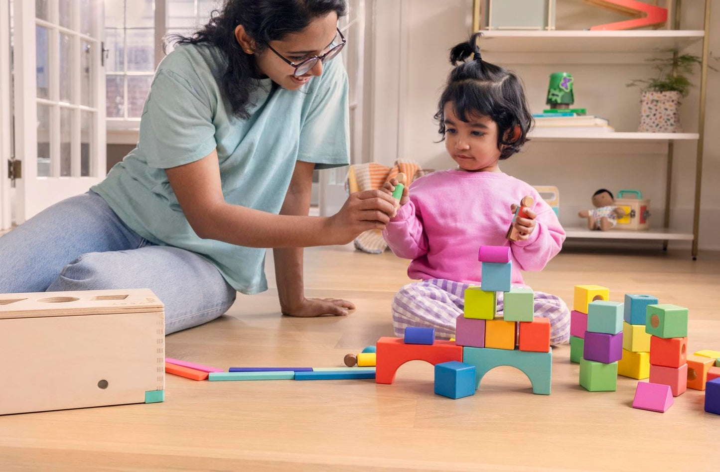 The Block Set by Lovevery – Solid Wood Blocks and Shapes + Wood Storage Box, 70 Pieces, 18 Colors, 20+ Activities