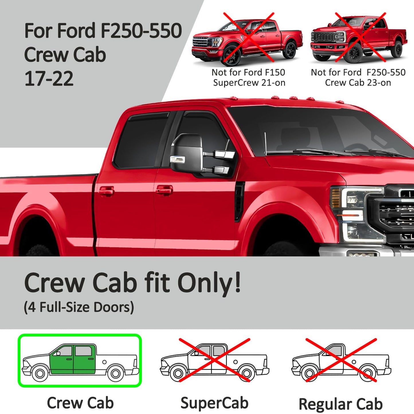 Voron Glass in-Channel Extra Durable Rain Guards for Ford F250 to F550 Super Duty 2017-2022 Crew Cab, Window Deflectors, Vent Window Visors, 4 Pieces - 200289