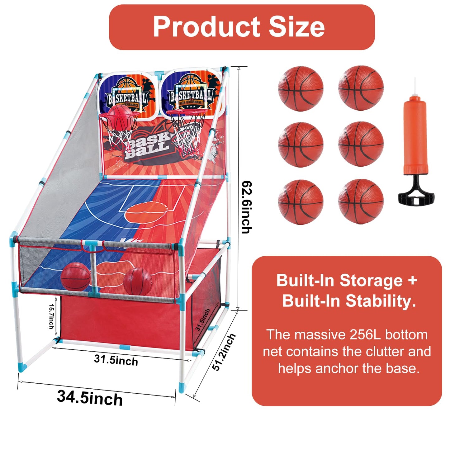 grnpeak Basketball Arcade Game, Kids Double Basketball Hoop with Balls & Pump, Fun Sports Game for Boys Girls, Gift for Kids Ages 4+
