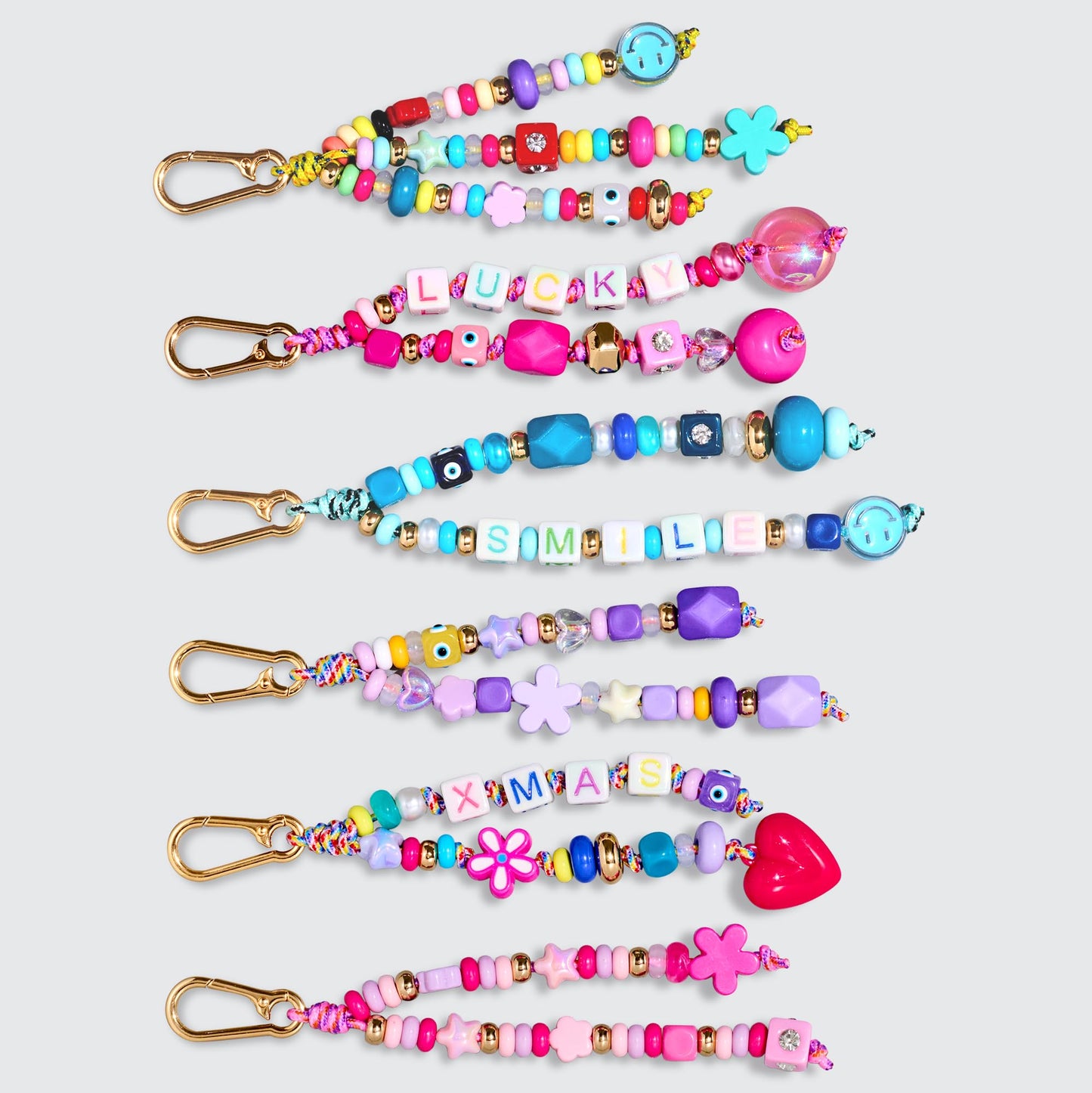 MINIMISSMIANYC Bead Bag Charm Kit for Girls,Big Colorful Beaded Heart Flower Letter A-Z Keychain Making Kit Key Chain DIY Charm Supplies Carft Accessoriess Jewelry for Women Kids Boys