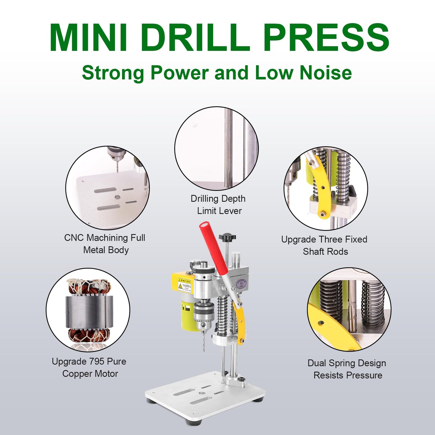 Mini Bench Drill Press, LAKIX Small Benchtop Drill Press High Precison, Low Noise, Compact Size Desktop Drilling Machine, 7-Speed B10 Chuck for Handicraft, DIY Jewelry Making, Metal Wood Working