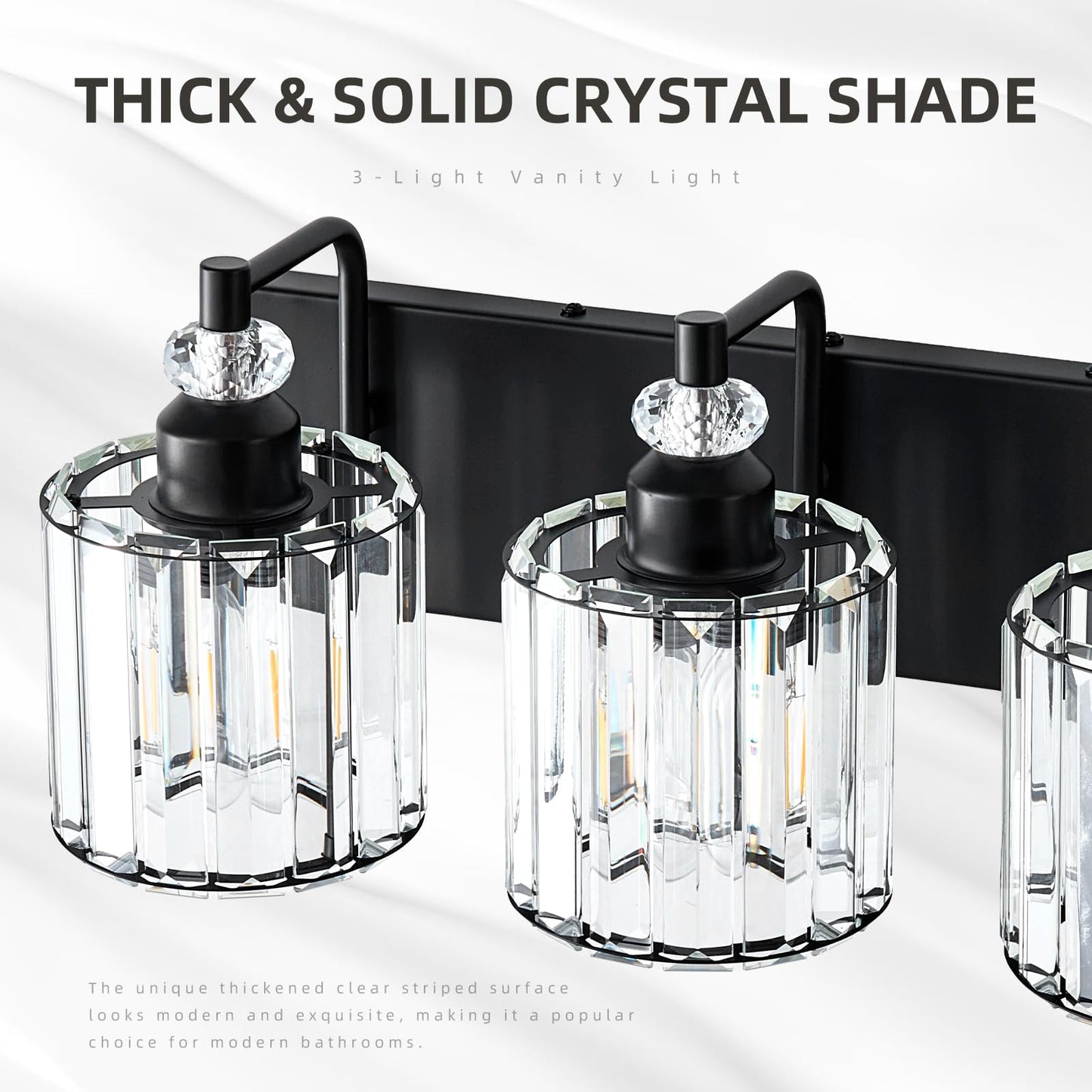 Zqoyn 3-Light Black Bathroom Light Fixtures Over Mirror Modern Vanity Lights Crystal Wall Sconce Vintage Bathroom Lighting with Crystal Shade E26 Base for Bedroom, Living Room, Hallway