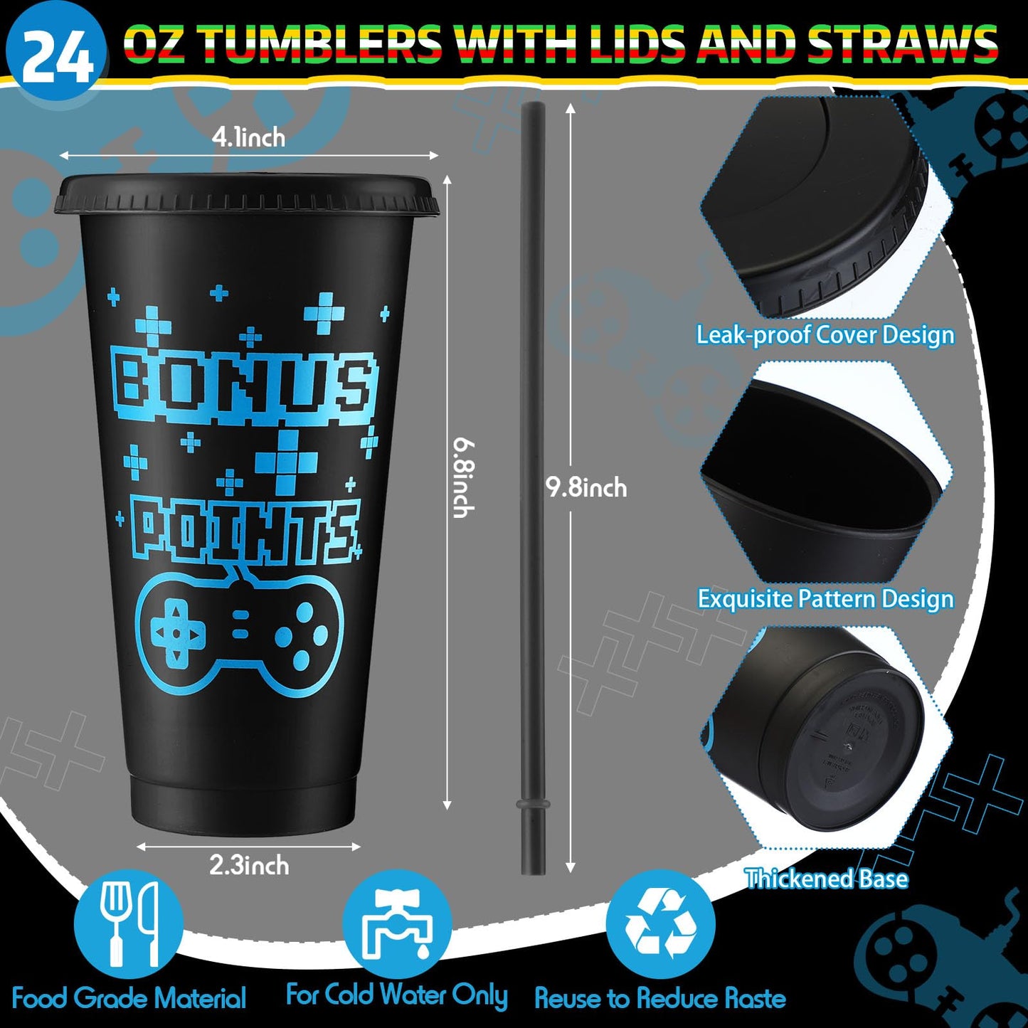 Mifoci 24 Sets Video Game Party Favors 24 oz Gamer Cup with Lids and Straws Gaming Paper Gift Boxes Plastic Reusable Gamer Tumbler for Game Birthday Party Supplies Gifts(Black)