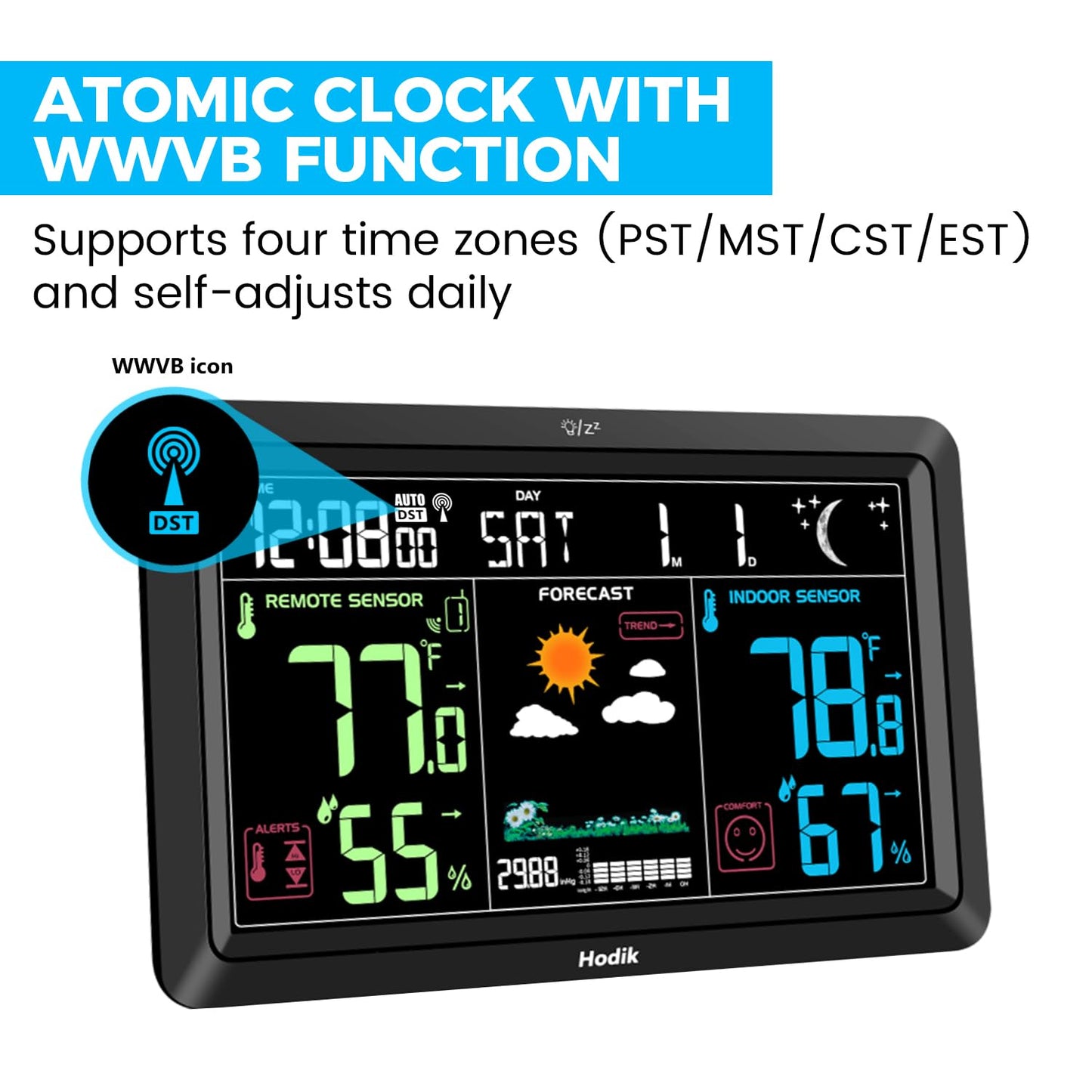 Weather Station Atomic Clock Indoor Outdoor Thermometer Wireless, Barometer Humidity Temperature Monitor Hygrometer with High Precision Sensor Black