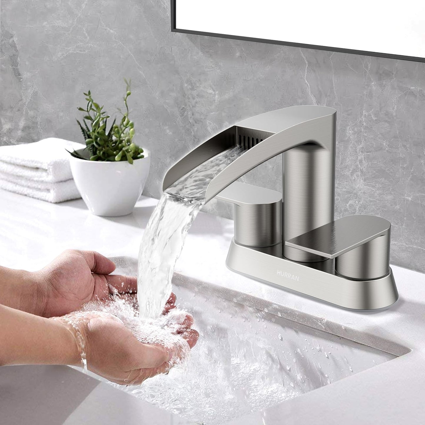 Bathroom Sink Faucet for 3 Hole, Hurran 4 Inch Bathroom Faucets with Pop-up Drain, Stainless Steel 2-Handle Waterfall Faucet for Sink, Brushed Nickel