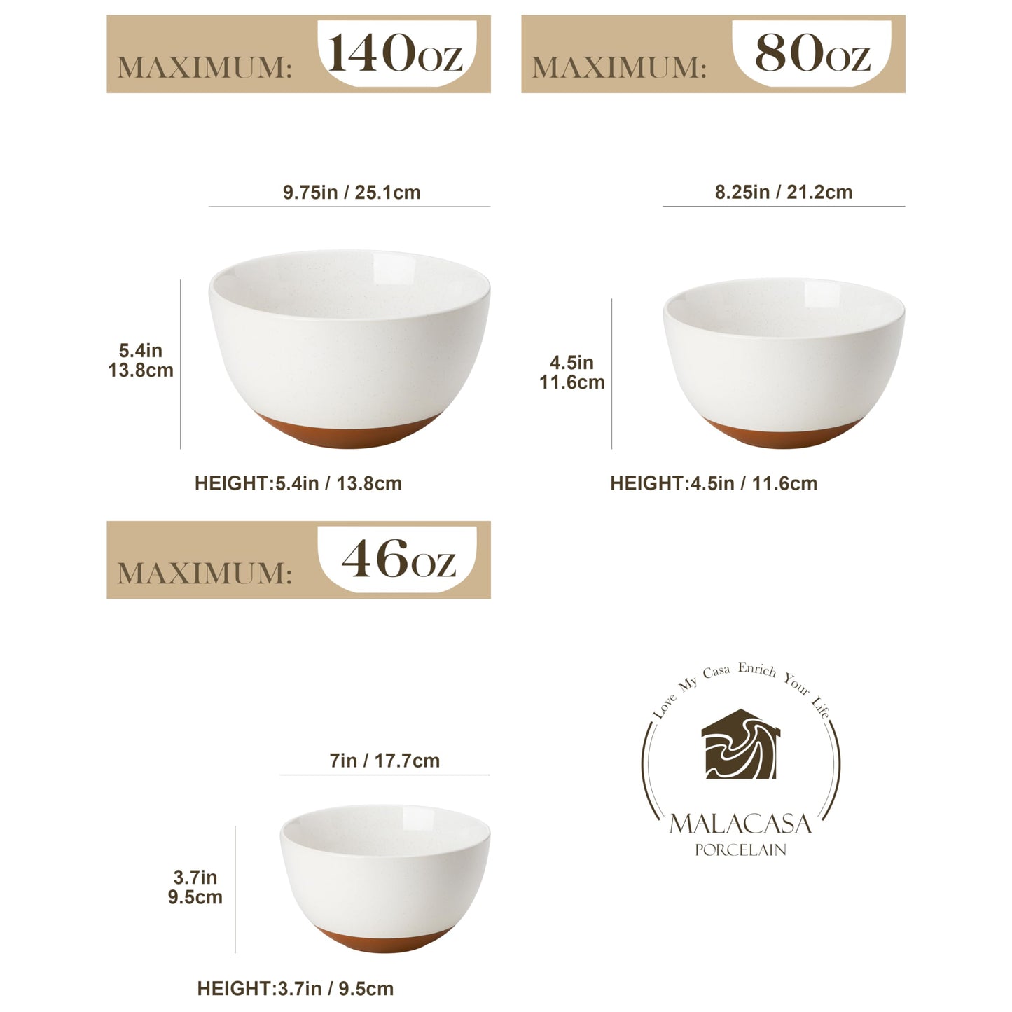 MALACASA Ceramic Mixing Bowls, Large Serving Bowls for Mixing, Cooking, Prepping, Baking, Salad, Soup, Pasta, Nesting Bowls Set of 3, 46/80/140 Oz, Oven, Microwave and Dishwasher Safe, Series TARA