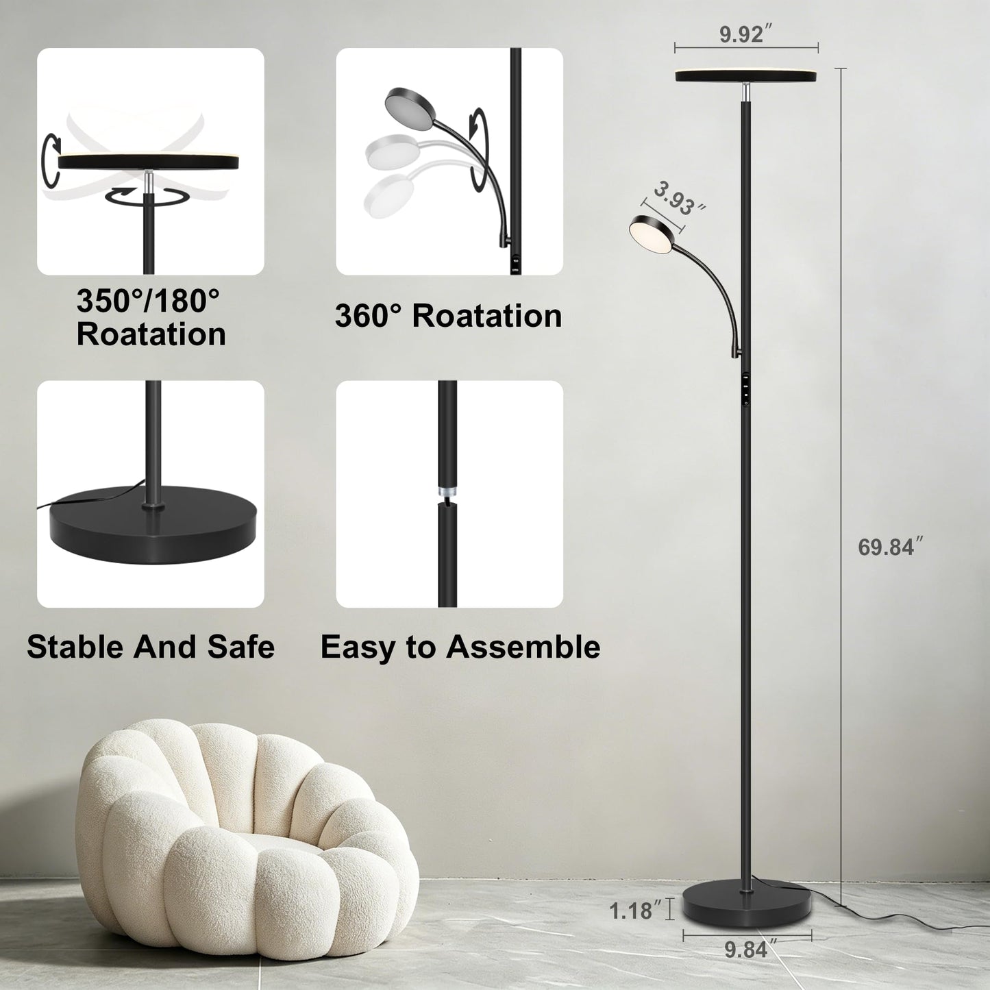 Floor Lamp-42W/4200LM Super Bright Floor Lamp,Dimmable 2-in-1 LED Floor Lamp for Bedroom,Torchiere Floor Lamps with Remote & Touch Control,69" Tall Standing Lamp for Living Room,Office,Reading,Black