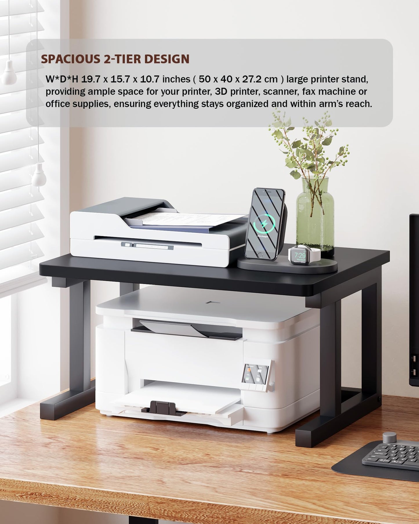 WRITECRY Desktop Printer Stand, 19.7″x 15.7″ 2-Tier Large Printer Shelf fit 3D Laser Printer/Scanner/Fax Machine, Industrial Storage Rack for Home Office Storage, Black P5040-B