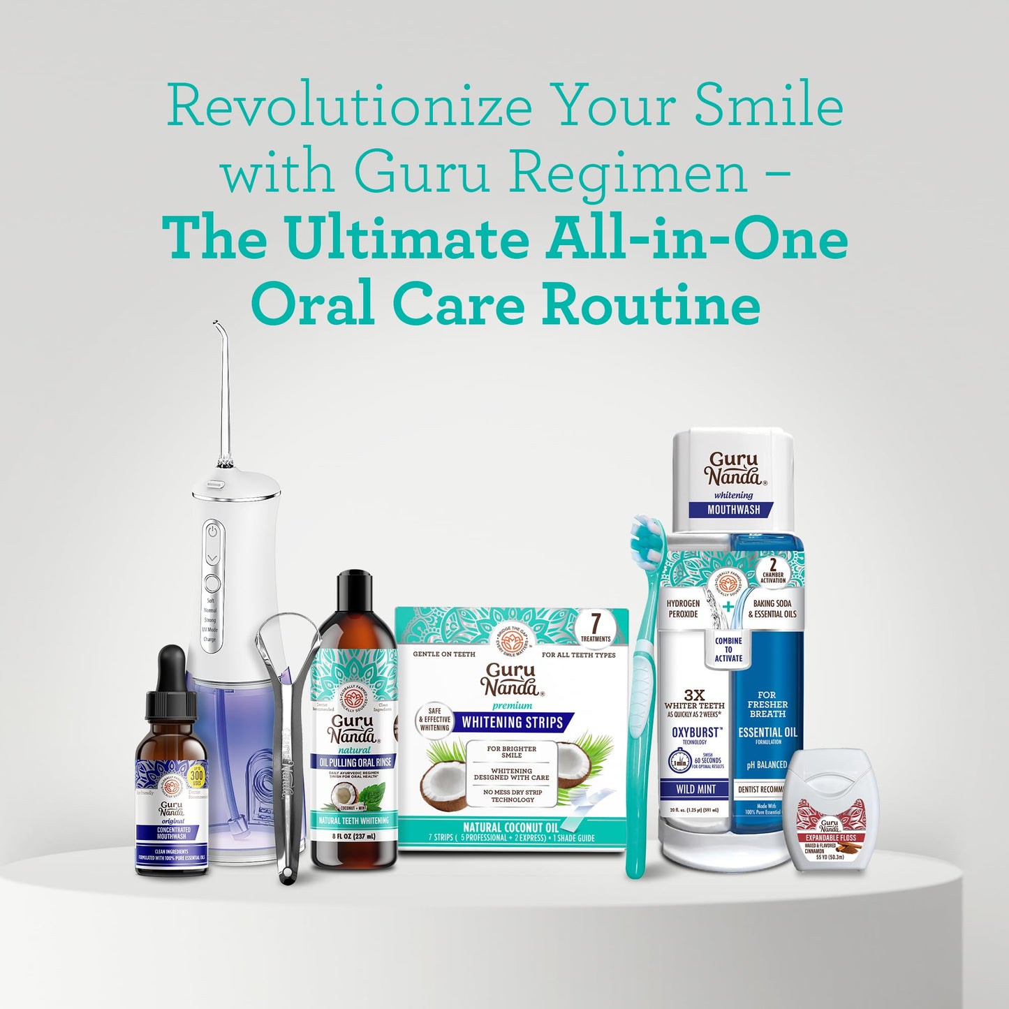 GuruNanda 7-Step Regimen 1.0 - Oil Pulling, Toothbrush, Tongue Scraper, Floss, Water Flosser, Mouthwash, Whitening Strips for Complete Oral Care (Pack of 8)