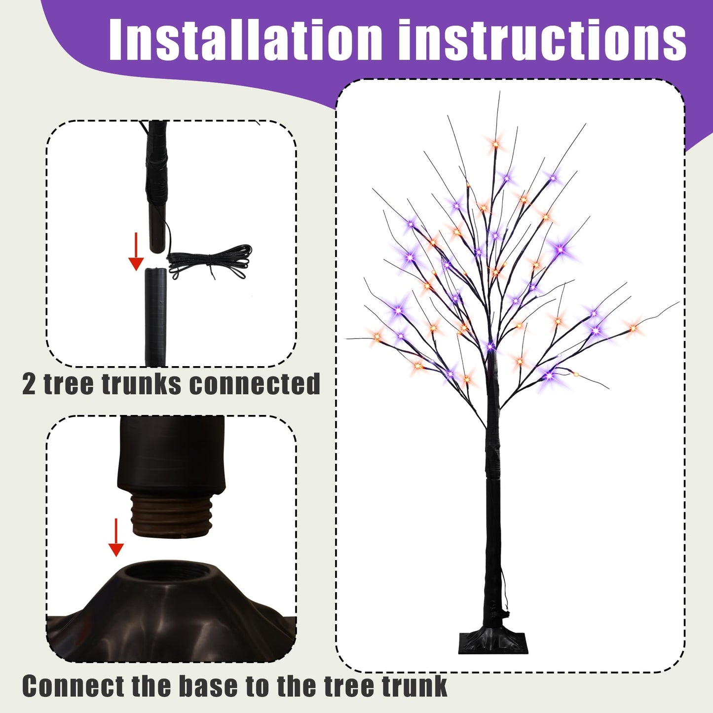 Dazzle Bright 2 Pack 4FT Halloween Lighted Up Birch Tree, Total 96 LED Purple and Orange Fairy Lights with Timer, Waterproof for Indoor Outdoor Home Party Halloween Decoration