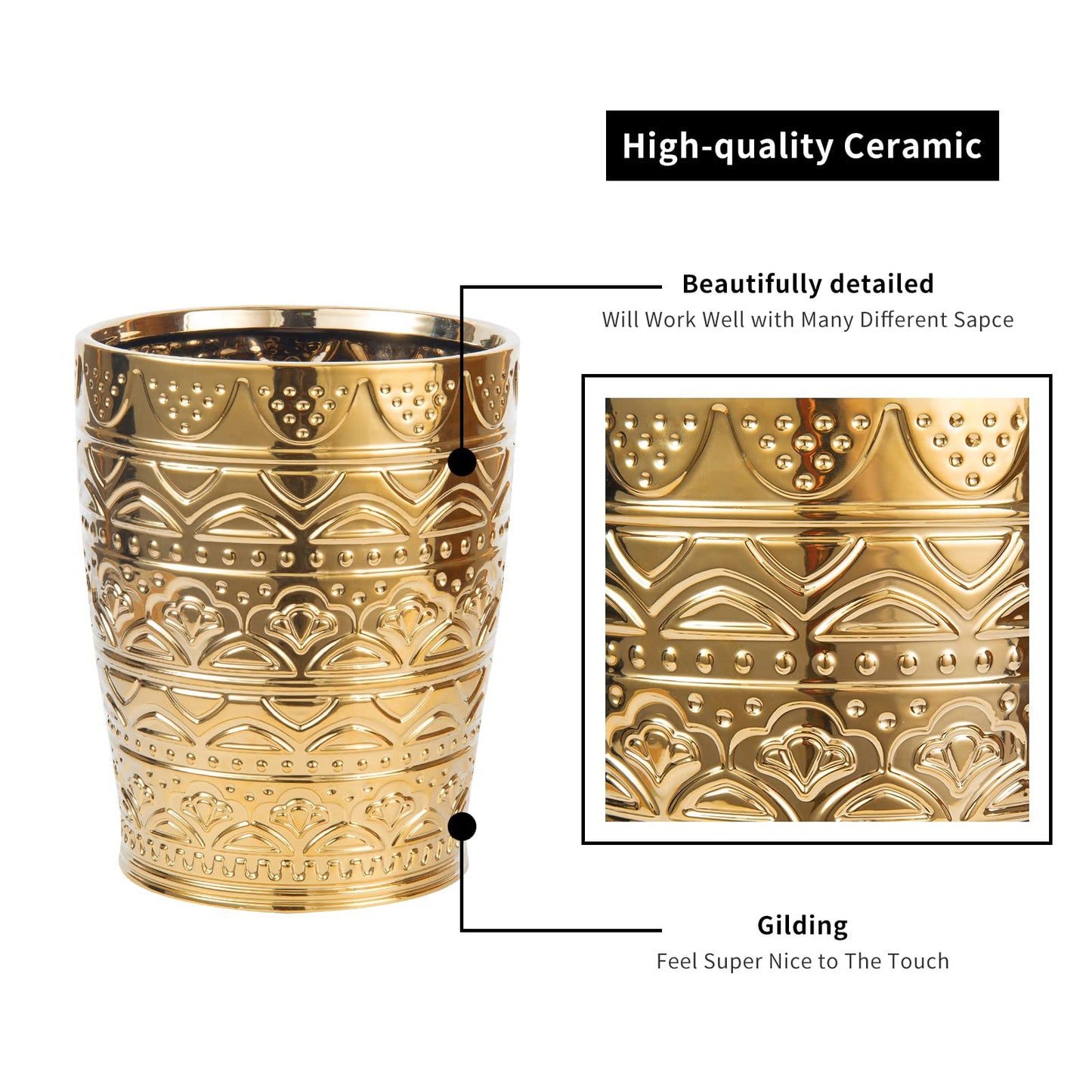 RXLVCKY Round Ceramic Small Trash Can Wastebasket, Garbage Container Bin for Bathrooms, Powder Rooms, Kitchens, Home Offices - Durable - Gold Christmas Decor