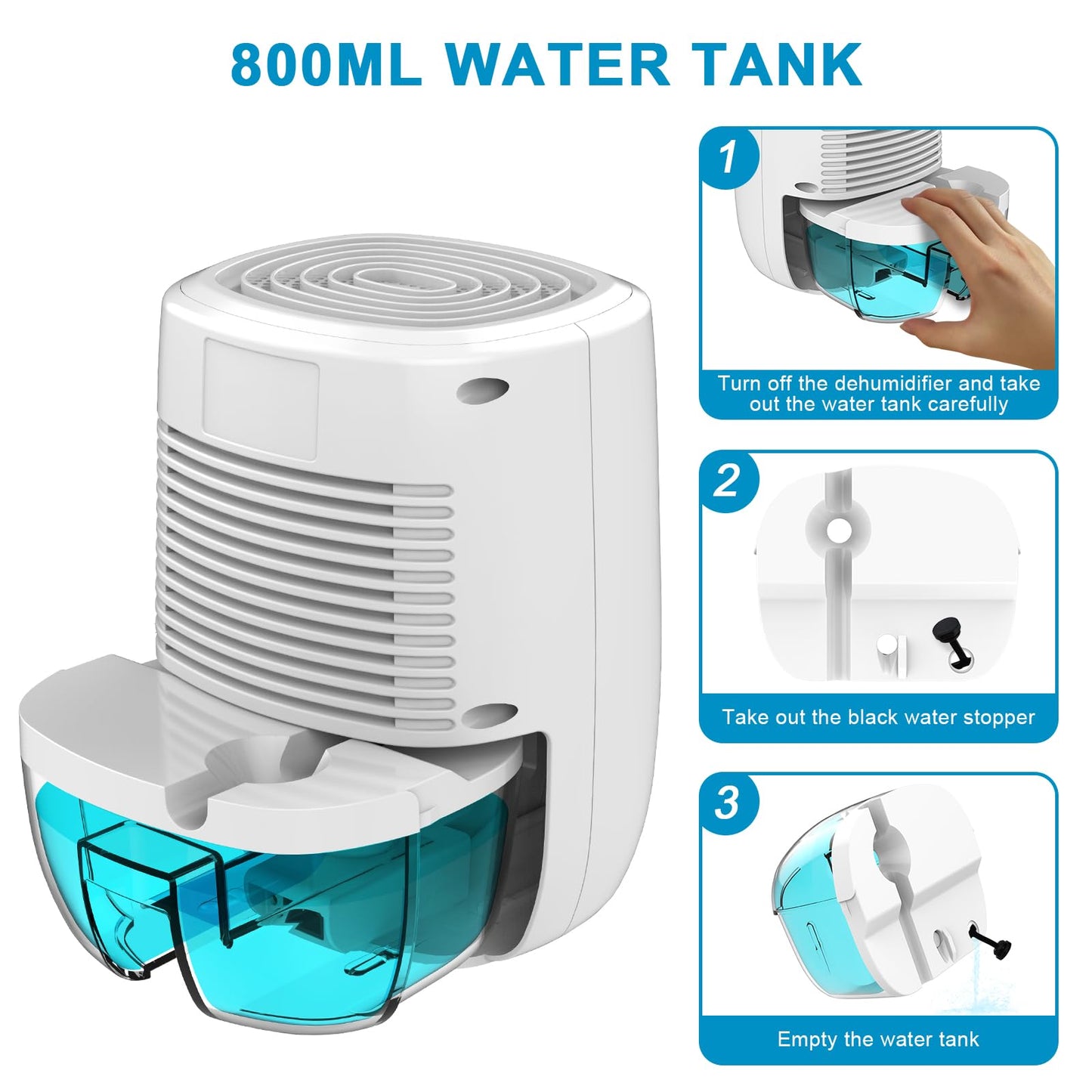 Dehumidifier with Drain Hose. Litever Small Portable Dehumidifier. Auto-OFF. Drain Hose for Continuous Drainage. Effective for Small Bathroom Pantry Closet Basement Wardrobe Gun safe RV Trailer Camper